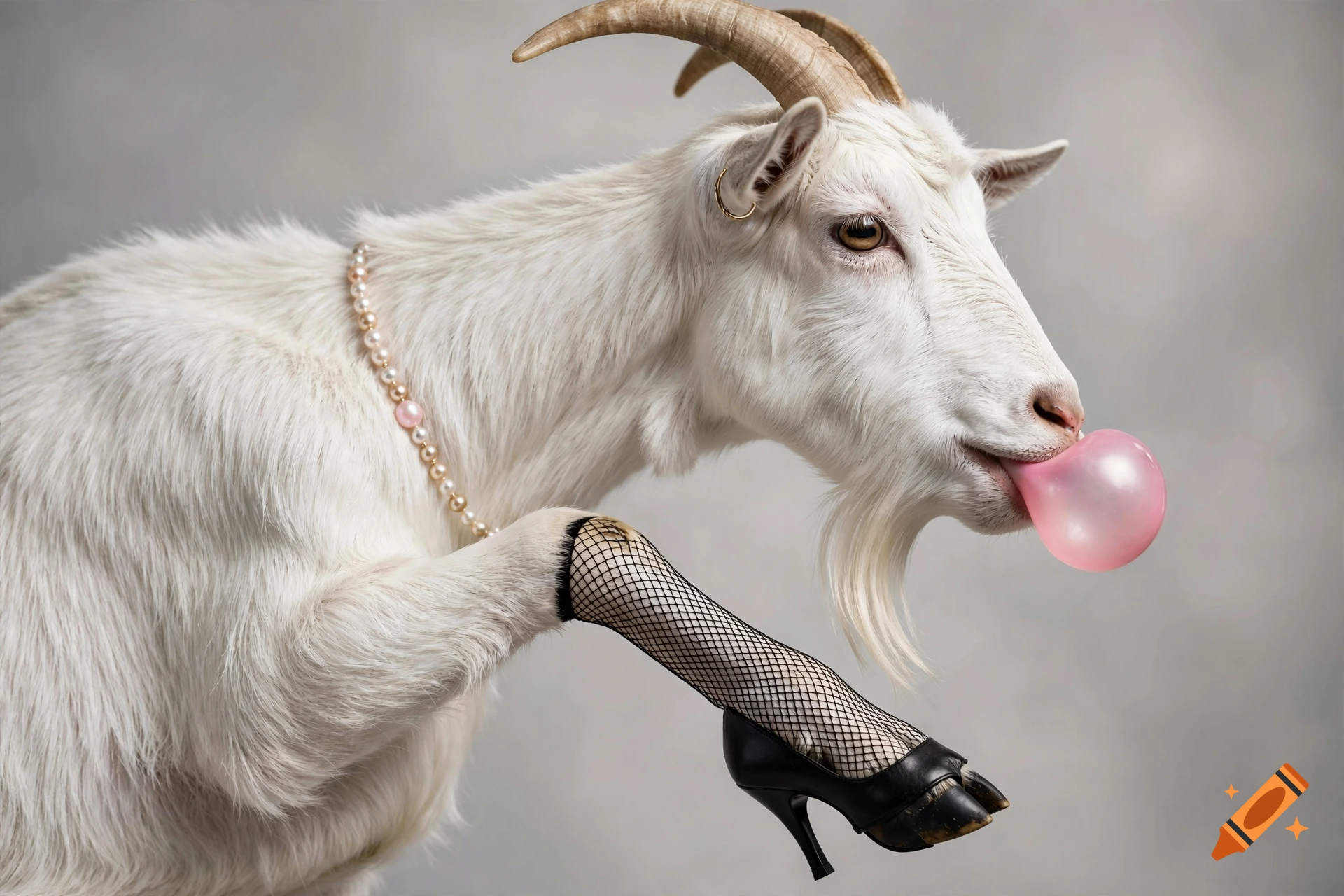 Photorealistic image of a white goat wearing a pearl necklace, fishnet stockings, and a black high heel, blowing a pink bubblegum bubble.