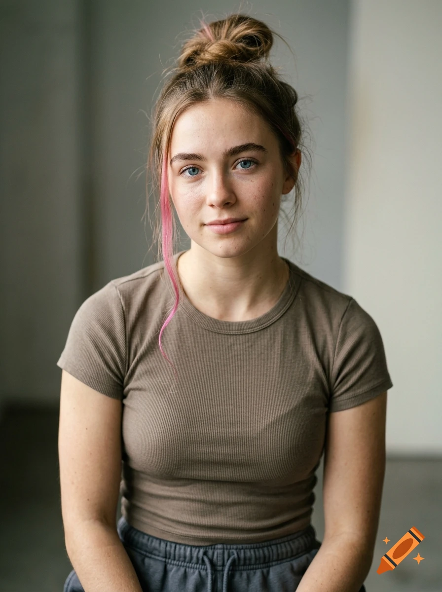 Photorealistic portrait of an 18-year-old woman with blue eyes, light brunette hair and a pink strand in a messy bun, wearing a fitted brown t-shirt.