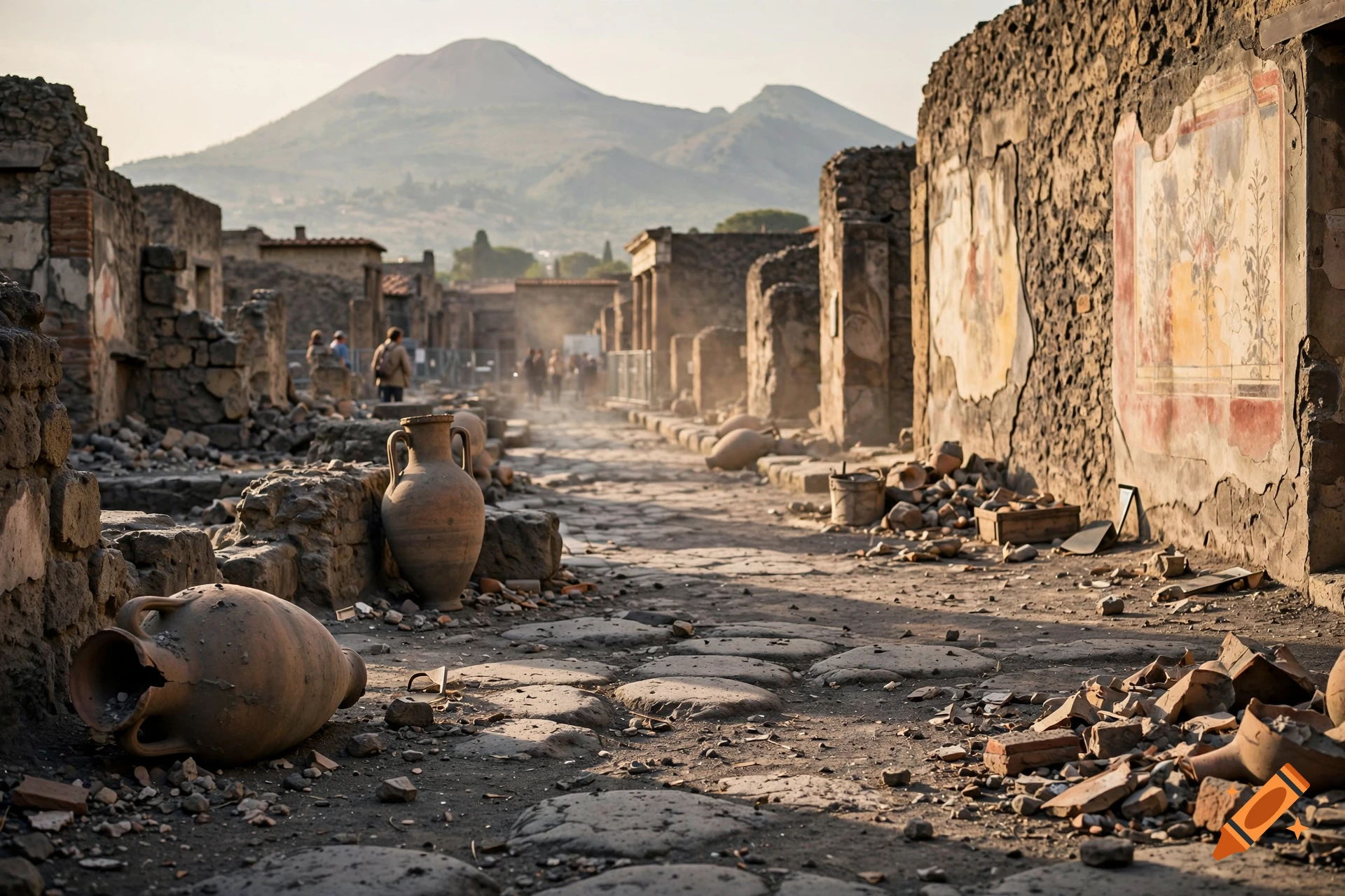 Photorealistic view of the ancient ruins of Pompeii with broken pottery on cobblestone streets and Mount Vesuvius in the background.