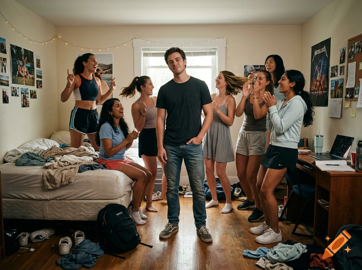 A young man stands confidently in the center of a dorm room surrounded by cheering friends, with clothes scattered on the floor and a bed to the side.
