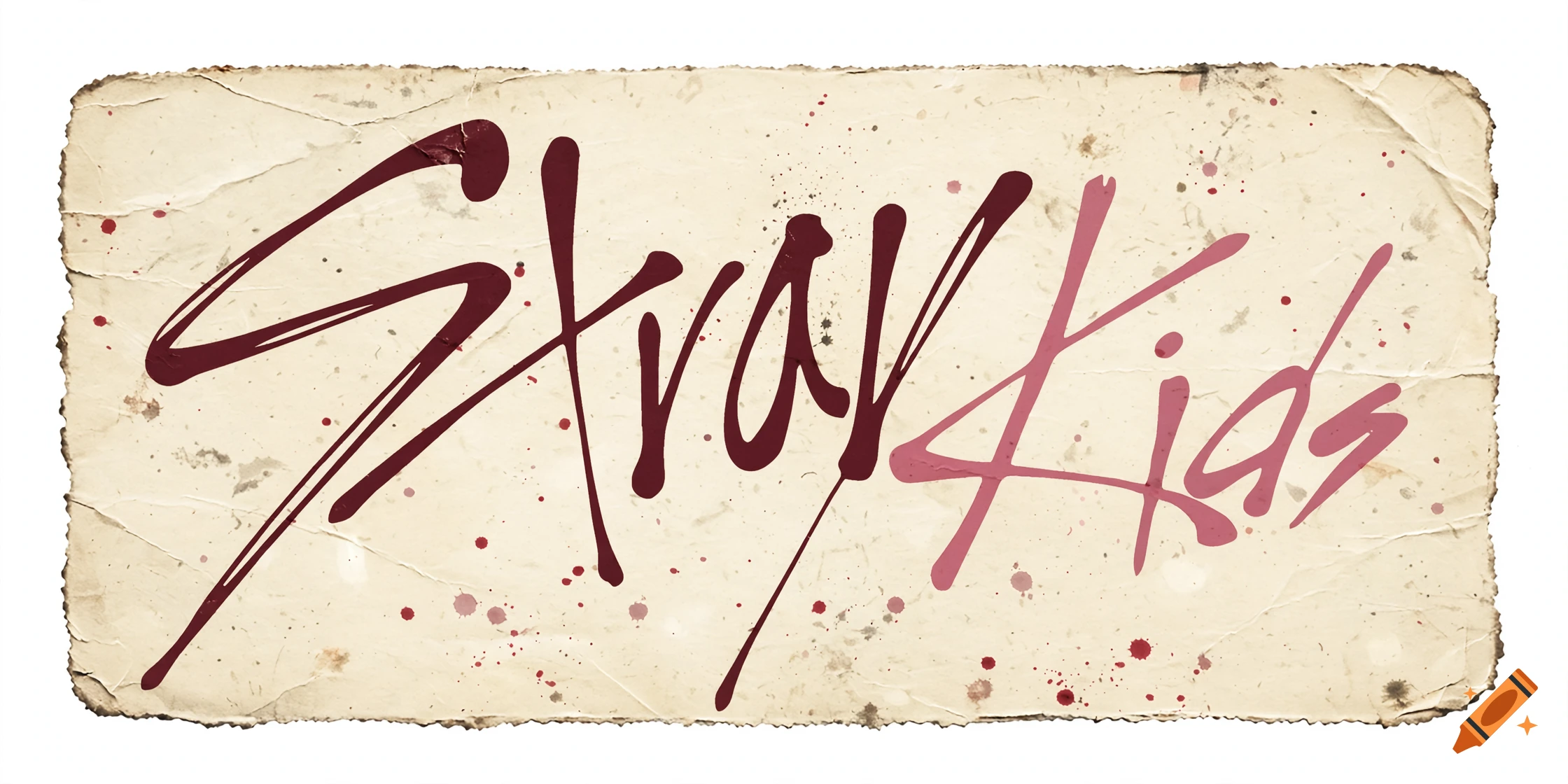 Vintage scrapbook sticker with the Stray Kids logo in deep burgundy and dusty pink on aged cream paper.