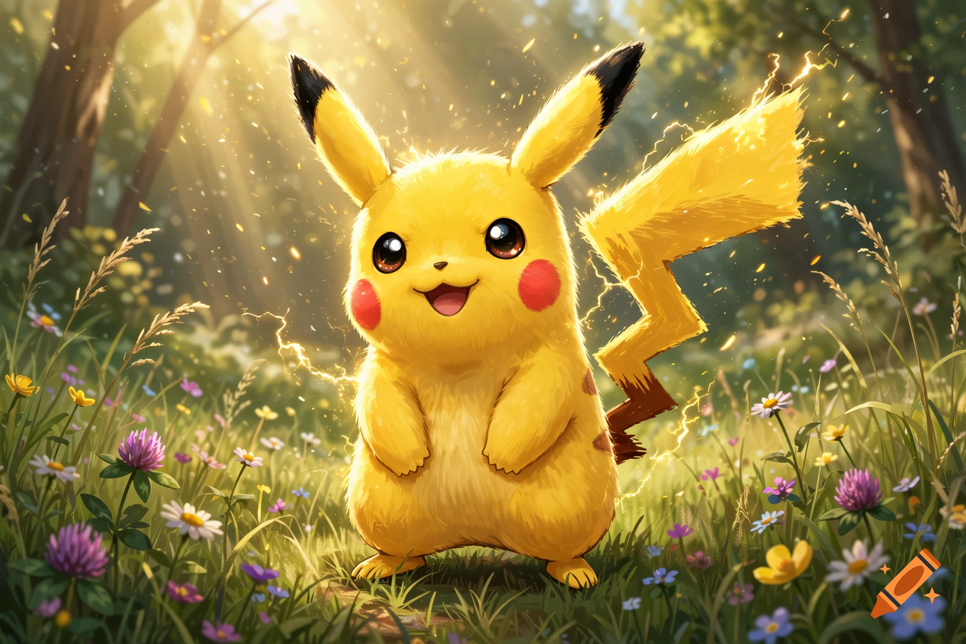 Pikachu smiling in a sunlit forest surrounded by grass and flowers, digital art style.