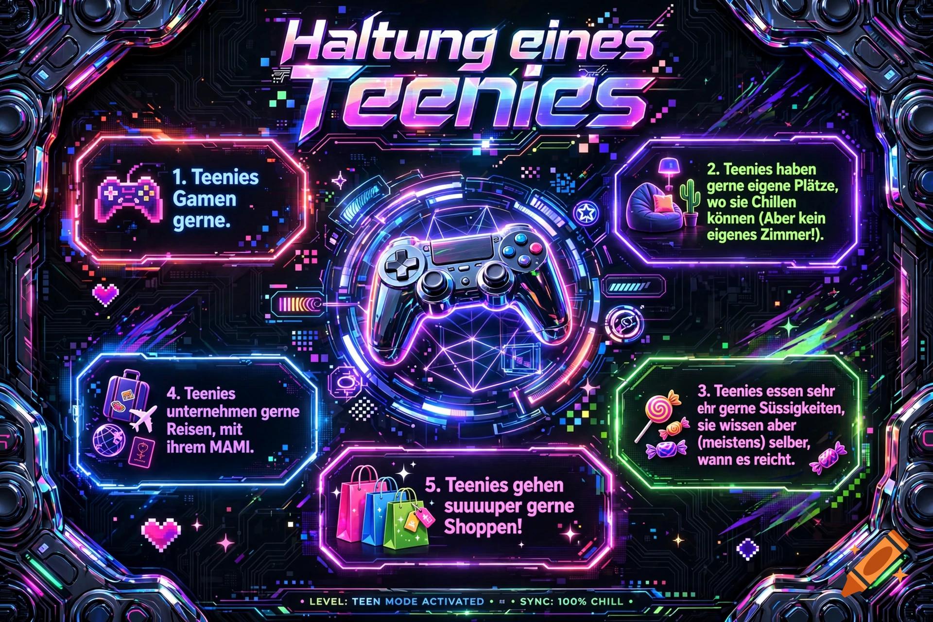 Futuristic neon poster titled 'Haltung eines Teenies' with five rules and a central game controller in a dark cybernetic setting.