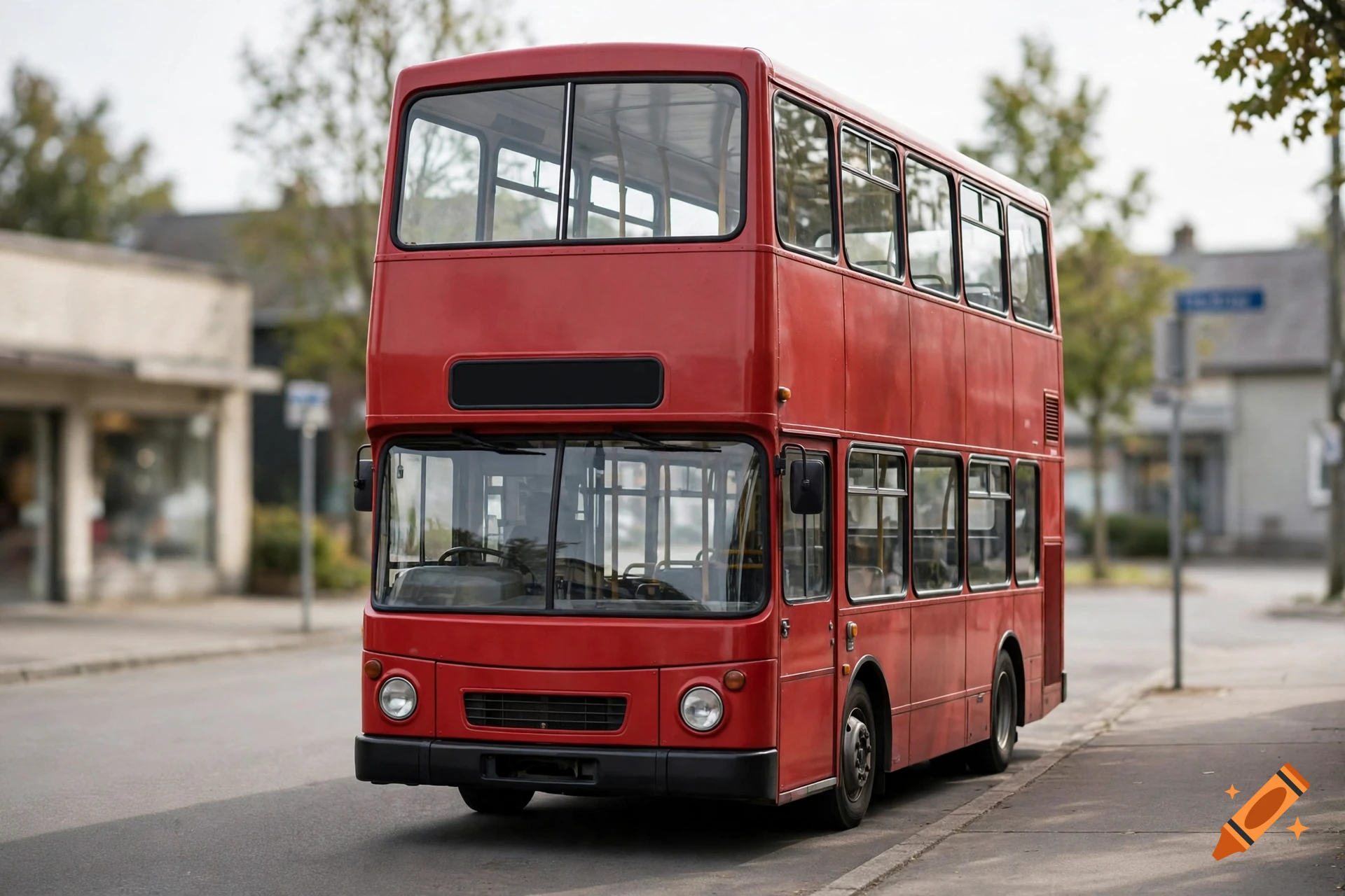 Photorealistic image of a red double-decker bus parked on a city street.