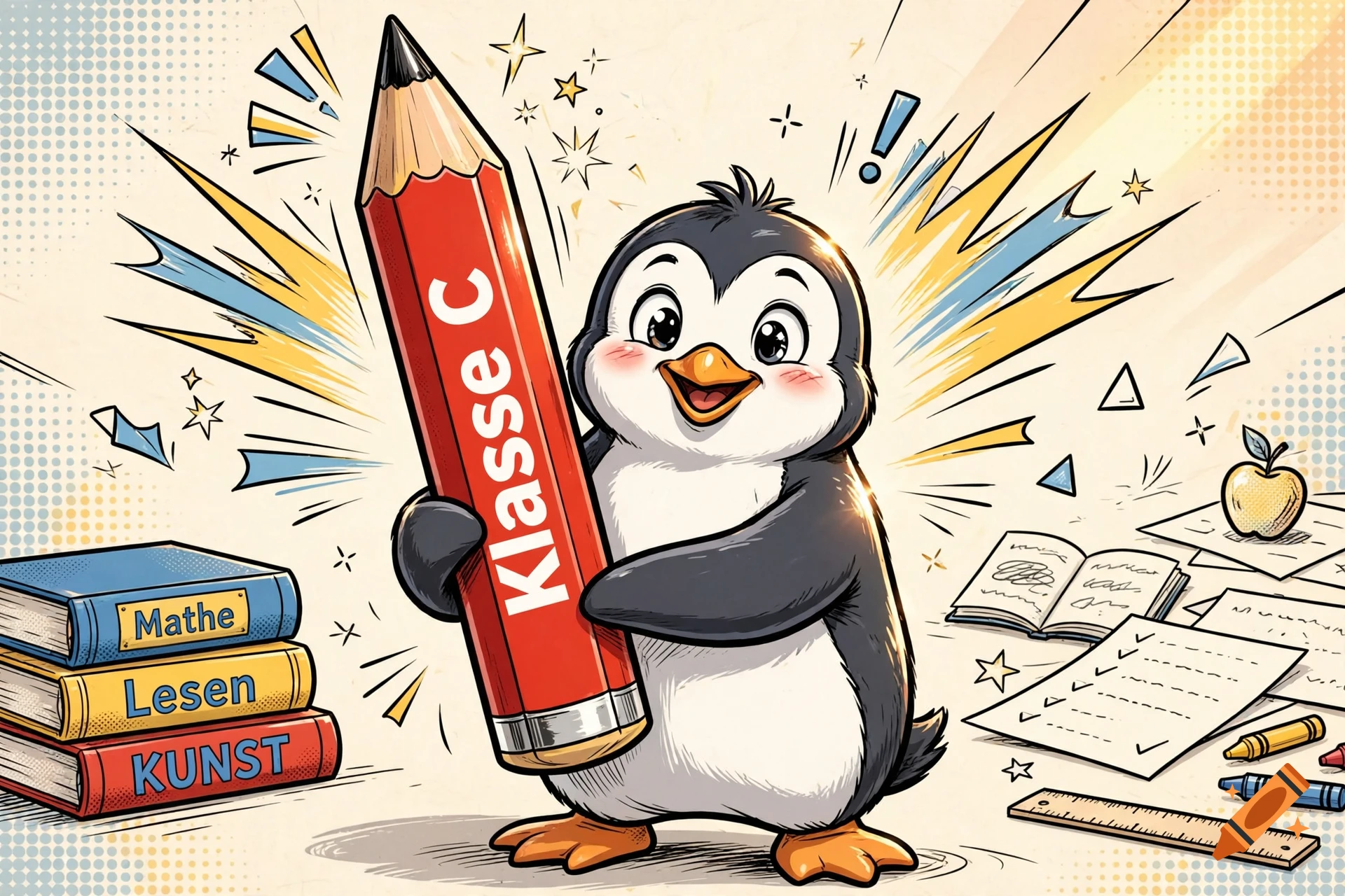 A cute cartoon penguin happily holding a large red pencil that reads 'Klasse C', surrounded by books and school supplies.