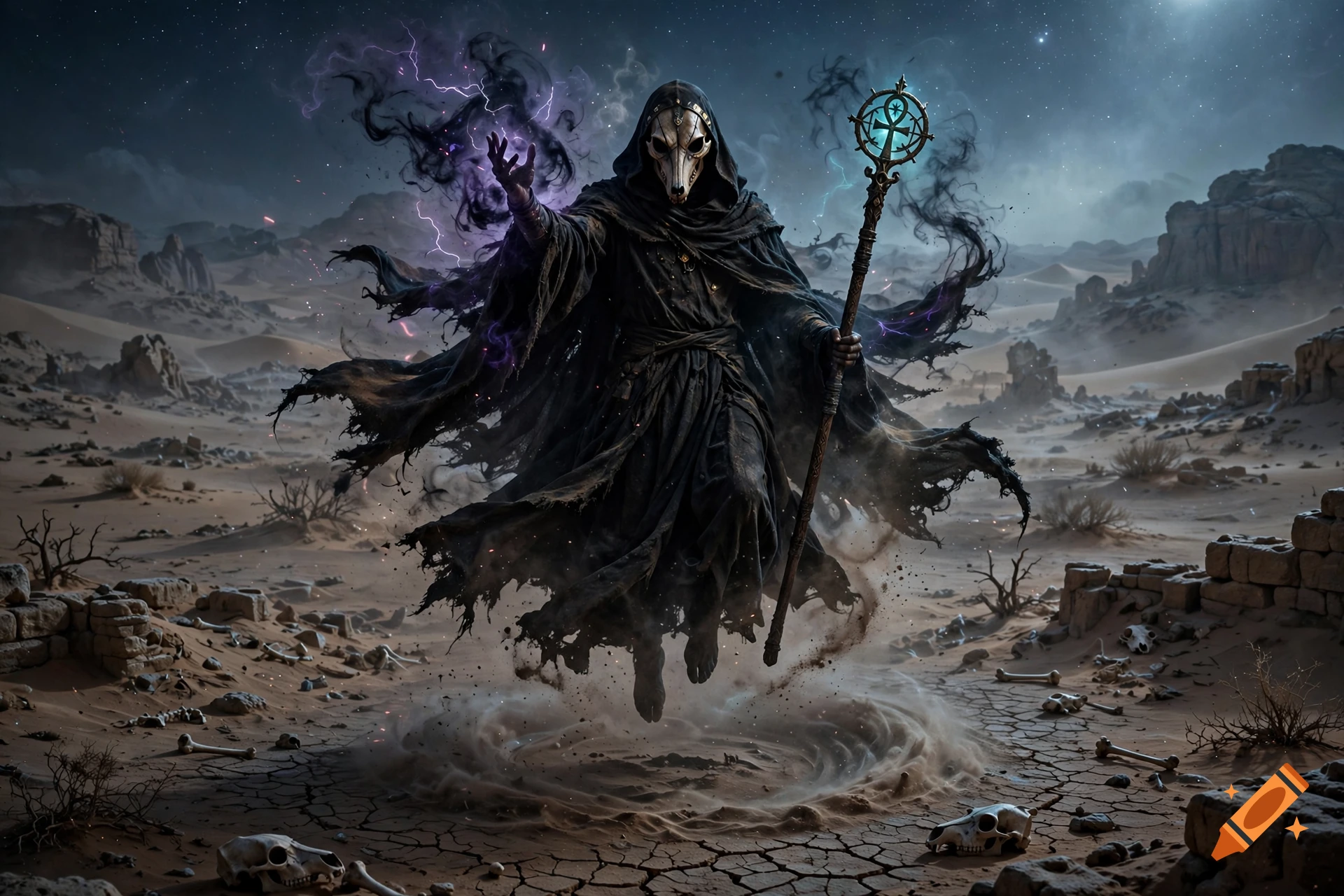 Anubis-like necromancer in a black cloak and skull mask casting dark magic in a desert, photorealistic style.