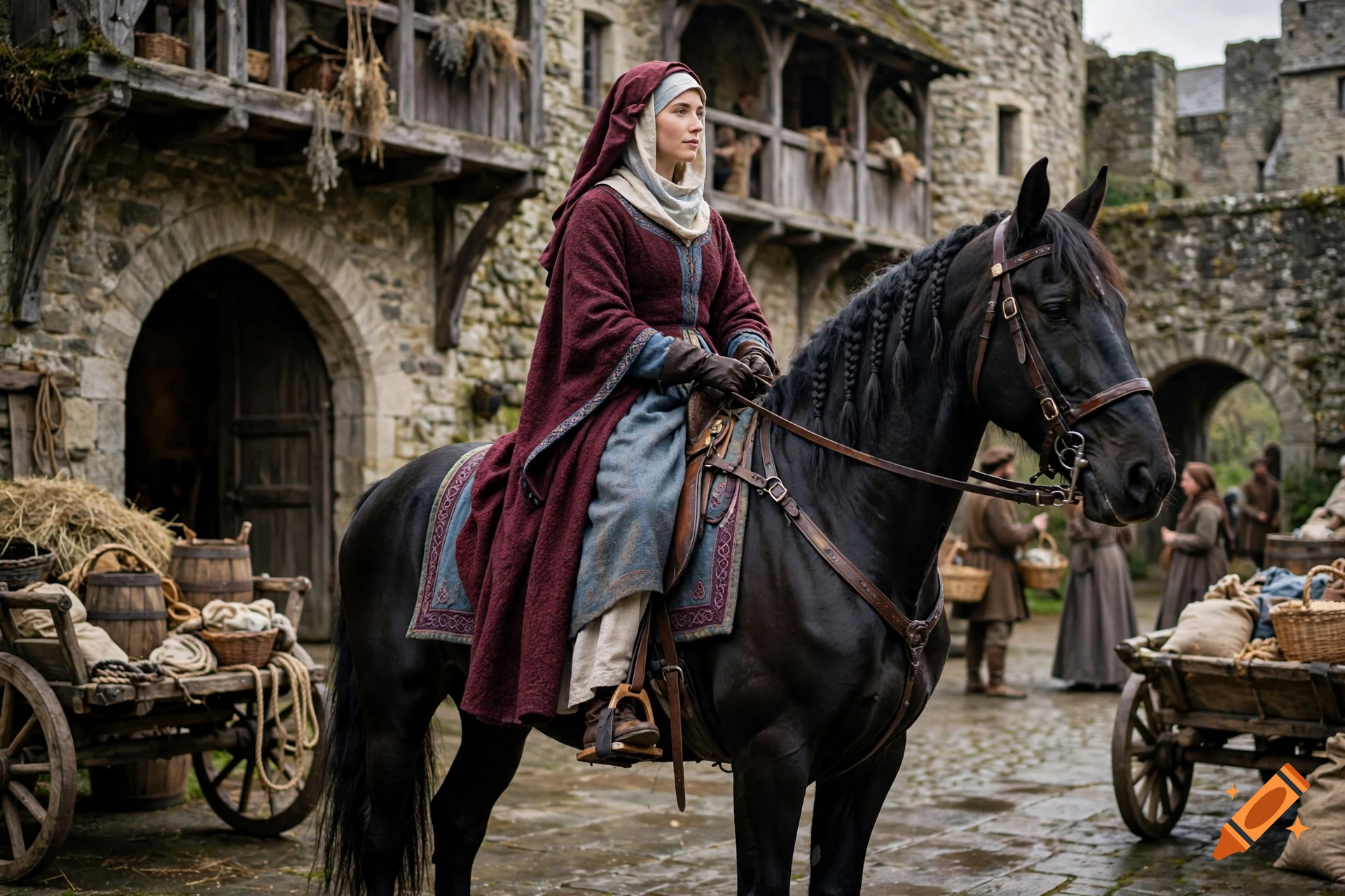 Photorealistic medium shot of a woman in medieval clothing riding a black stallion in a castle courtyard.
