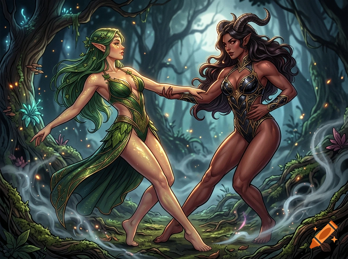 Two fantasy women dancing in a magical forest, one with green hair and dress and the other with horns and dark attire.