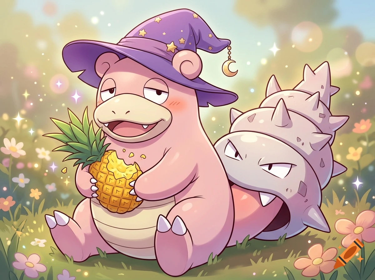 Anime style illustration of a cute pink Slowbro wearing a purple wizard hat and eating a pineapple in a grassy field.
