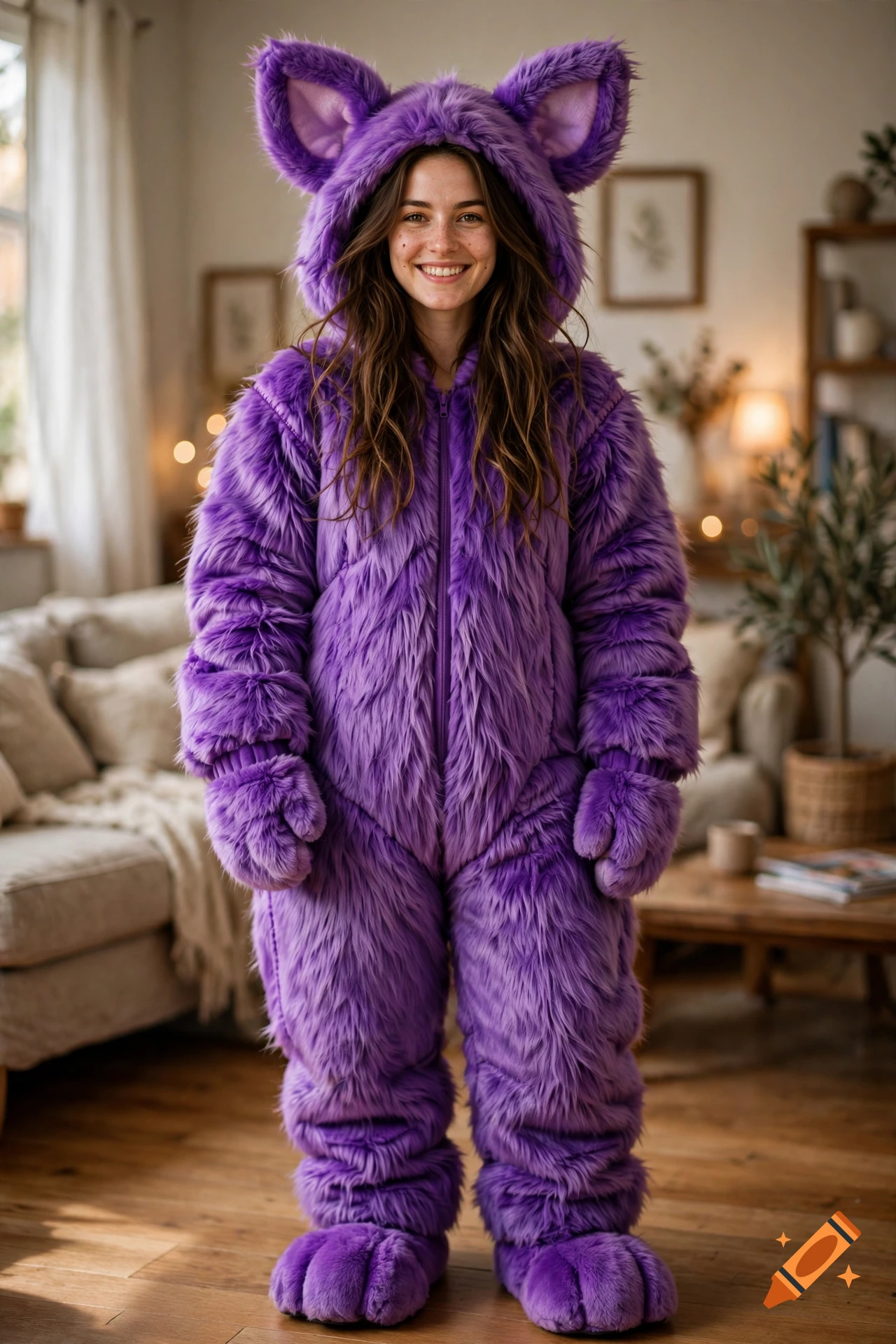 A smiling young woman wearing a bright purple furry mascot costume with animal ears in a cozy living room, photorealistic.