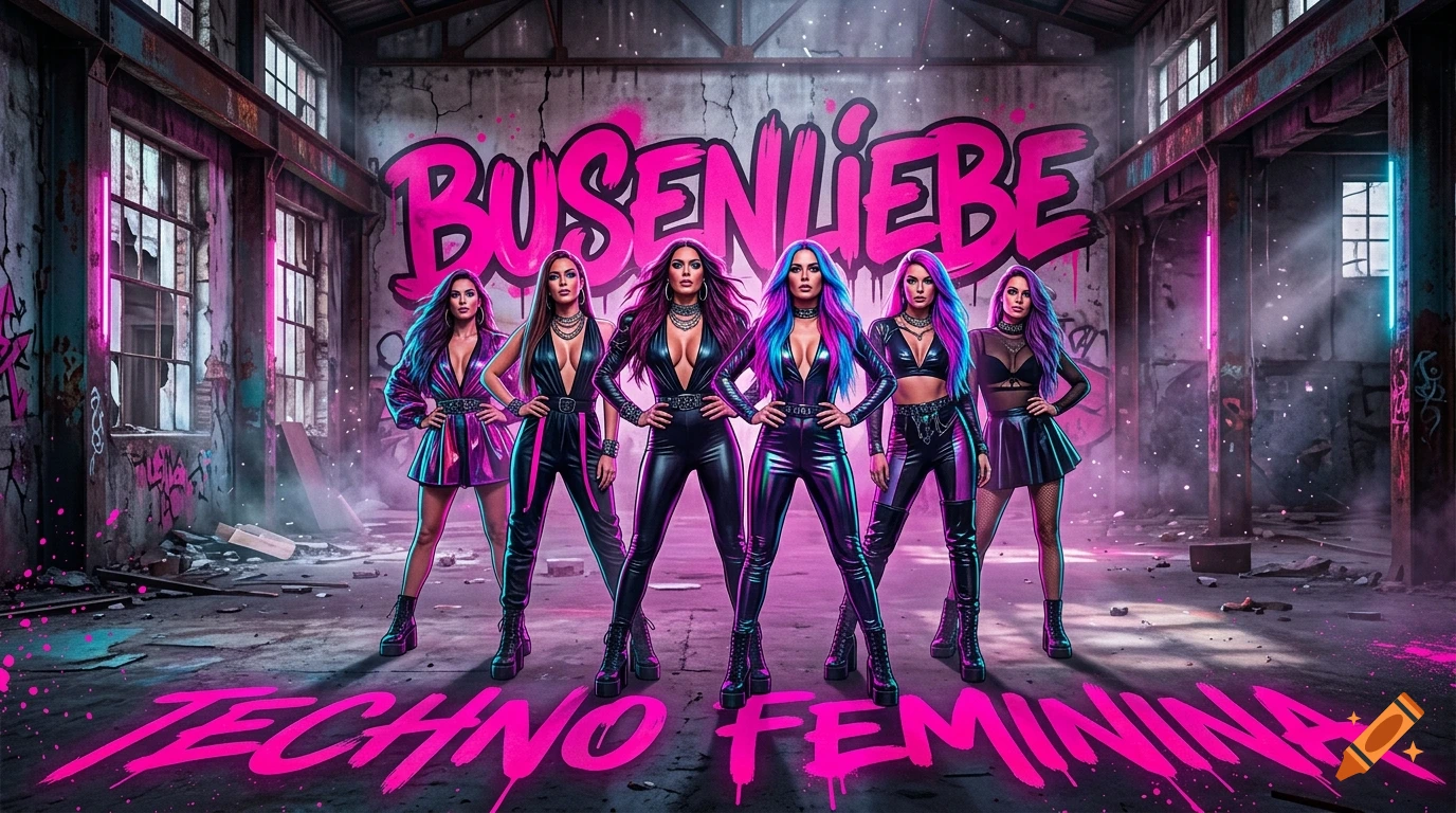 Six confident women in rave and techno outfits posing in an abandoned industrial warehouse with pink graffiti.