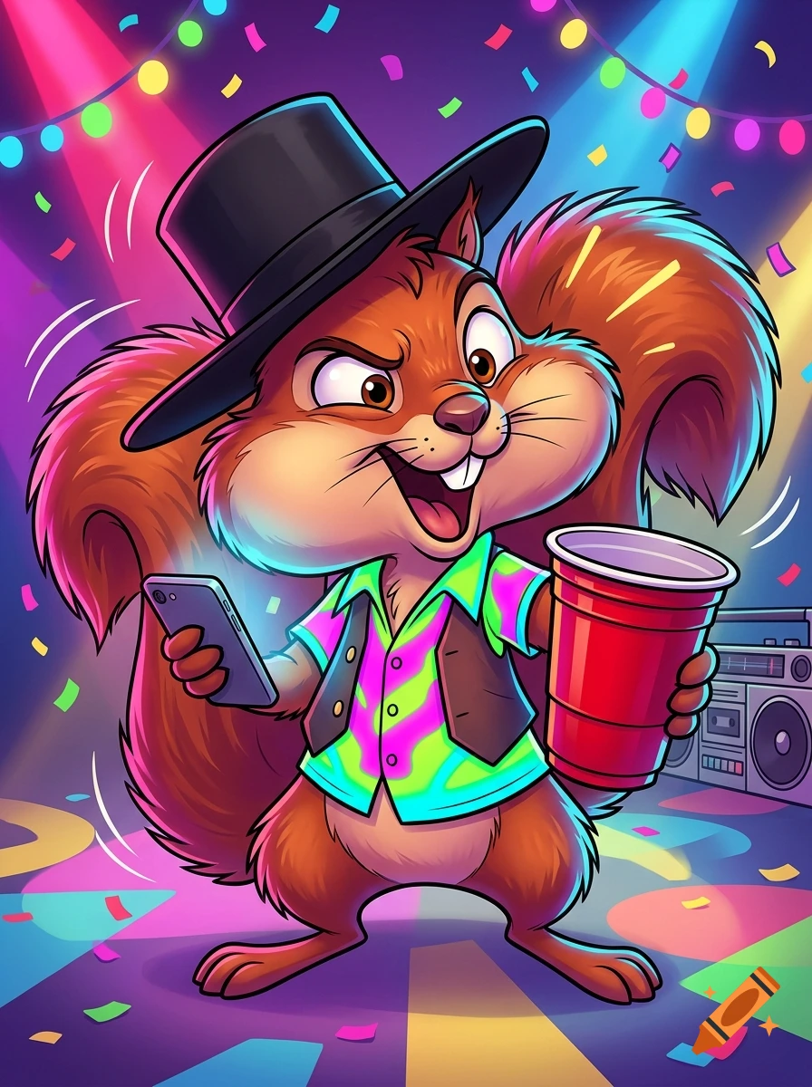 An anthropomorphic squirrel wearing a top hat and party clothes, holding a smartphone and a red cup at a party with confetti and string lights.