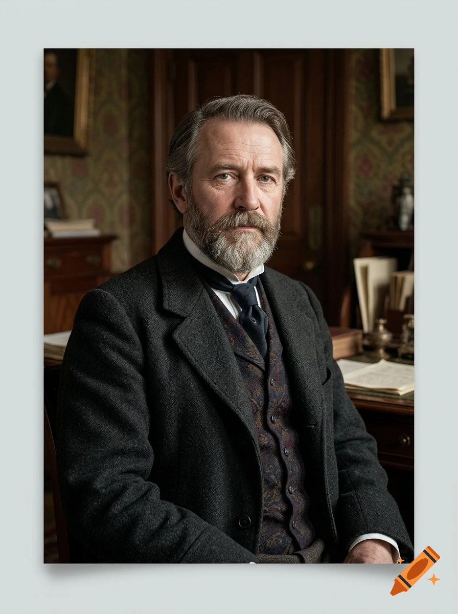 Photorealistic portrait of a middle-aged Victorian gentleman with a beard, wearing a dark suit and waistcoat, sitting in a study.