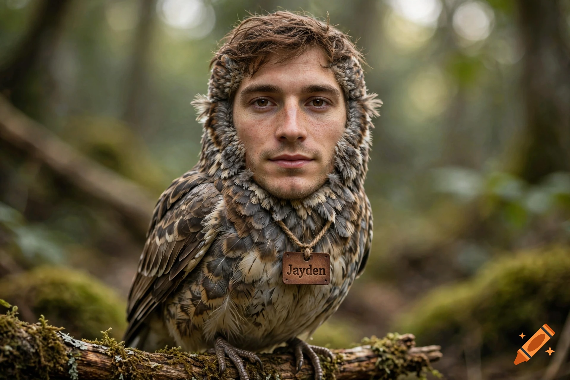 Photorealistic close-up of an owl with the face of a human man named Jayden, wearing a wooden tag in a forest.