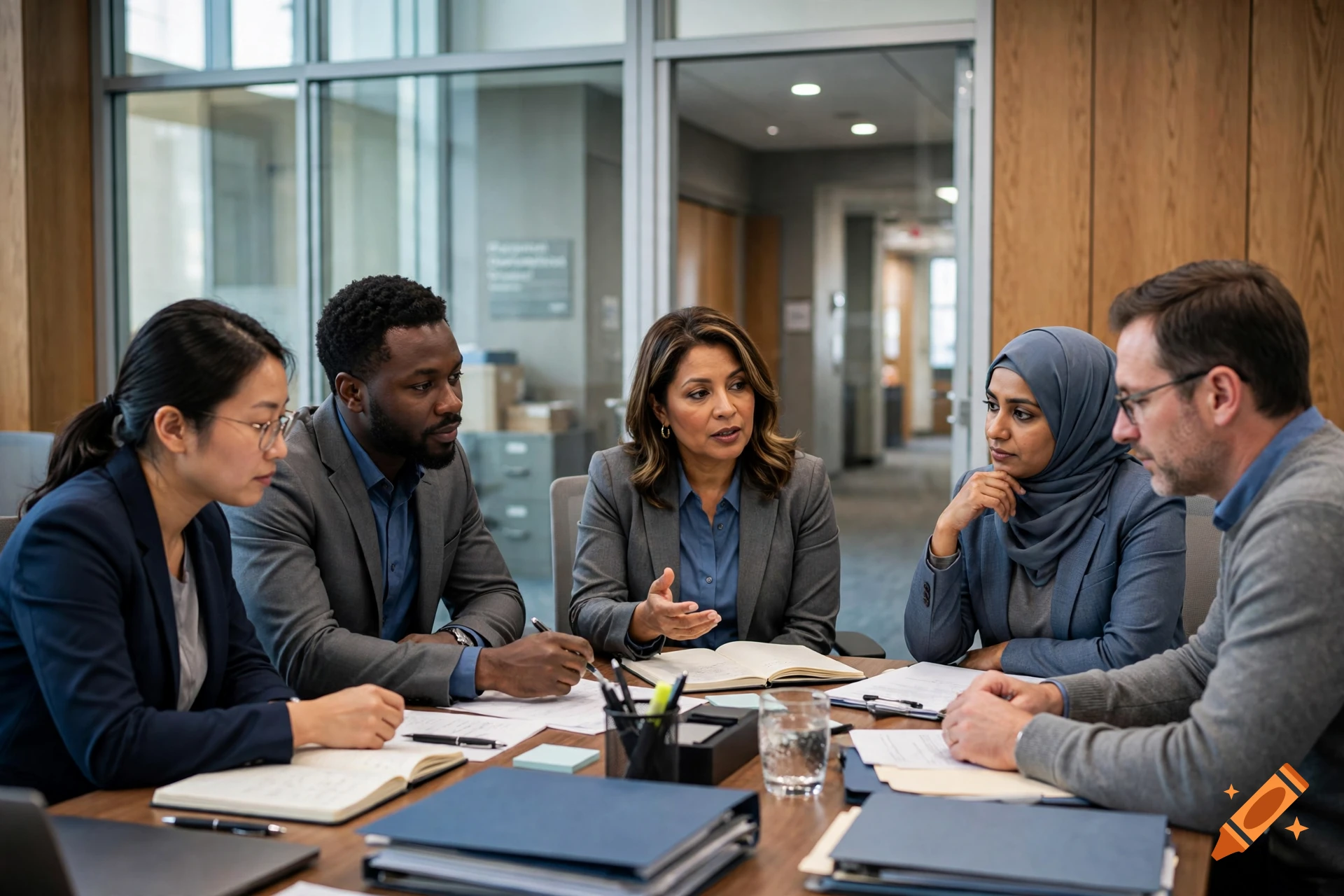 Diverse group of five professionals collaborating in a modern conference room during a meeting.