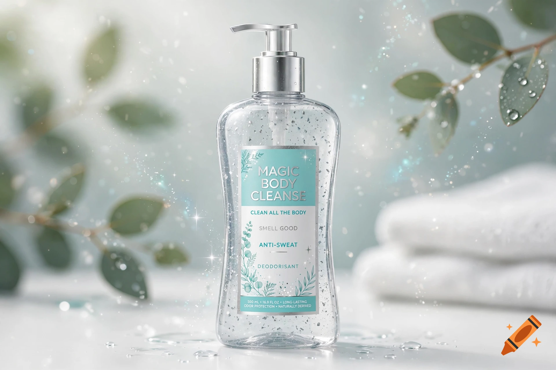 A clear plastic pump bottle of body cleanse on a white surface with eucalyptus branches in the background.