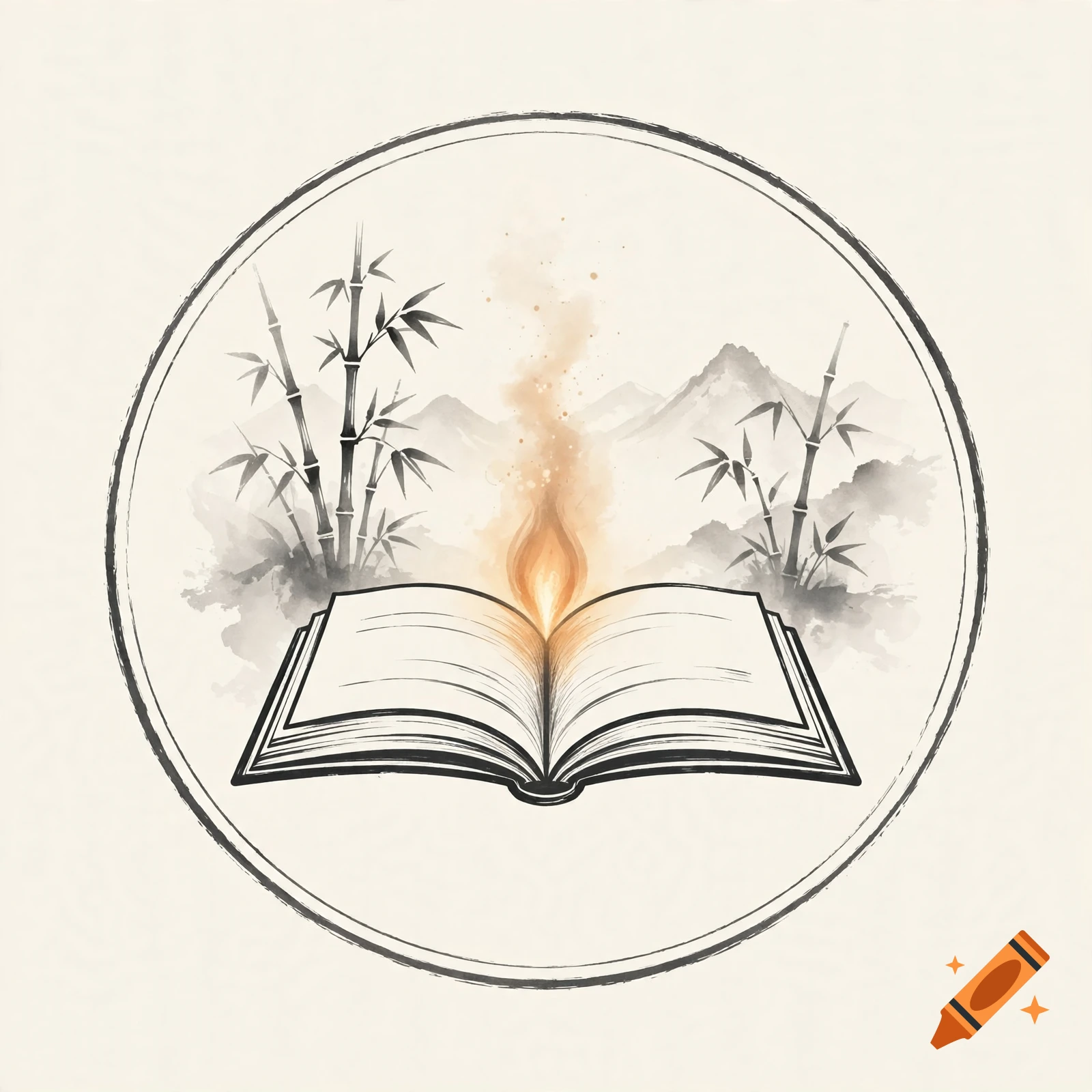 Minimalist circular ink-wash emblem featuring an open glowing book, bamboo, and mountains in a flat vector style.