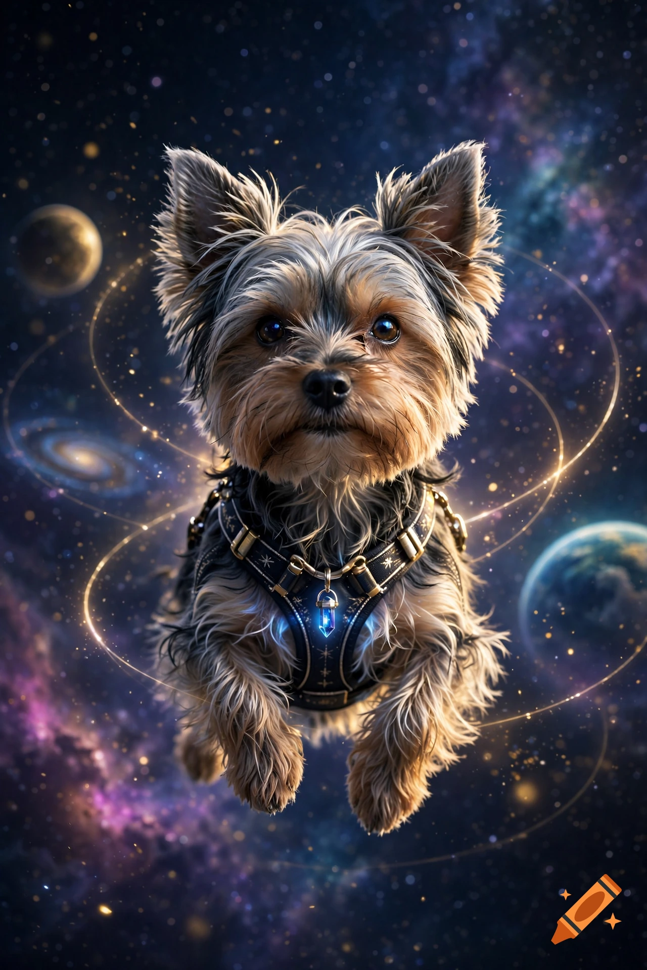 Close-up of a Yorkshire terrier wearing a magical harness with a glowing crystal, floating against a cosmic space background with planets and stars.