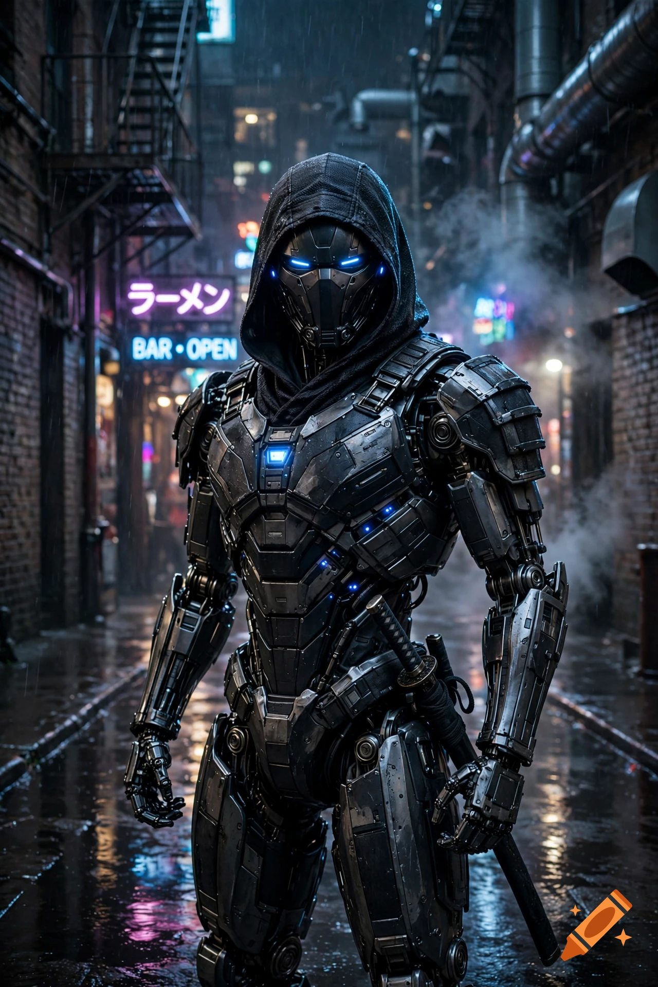 Photorealistic image of a robotic ninja in a hooded suit standing in a wet alleyway with neon signs at night.