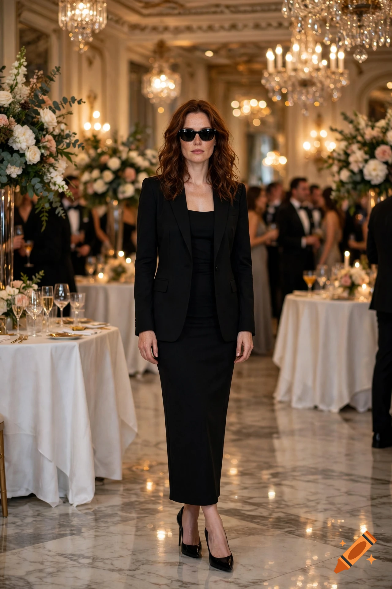 Photorealistic full-length shot of a woman with auburn hair wearing a black suit dress and sunglasses at a formal banquet.