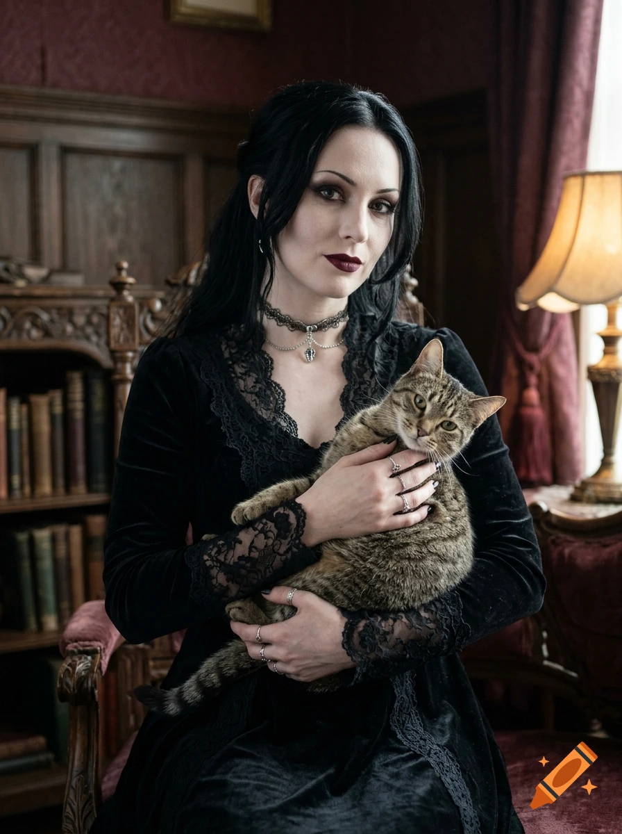 Gothic woman with black hair and dark lipstick holding a tabby cat in a vintage room.