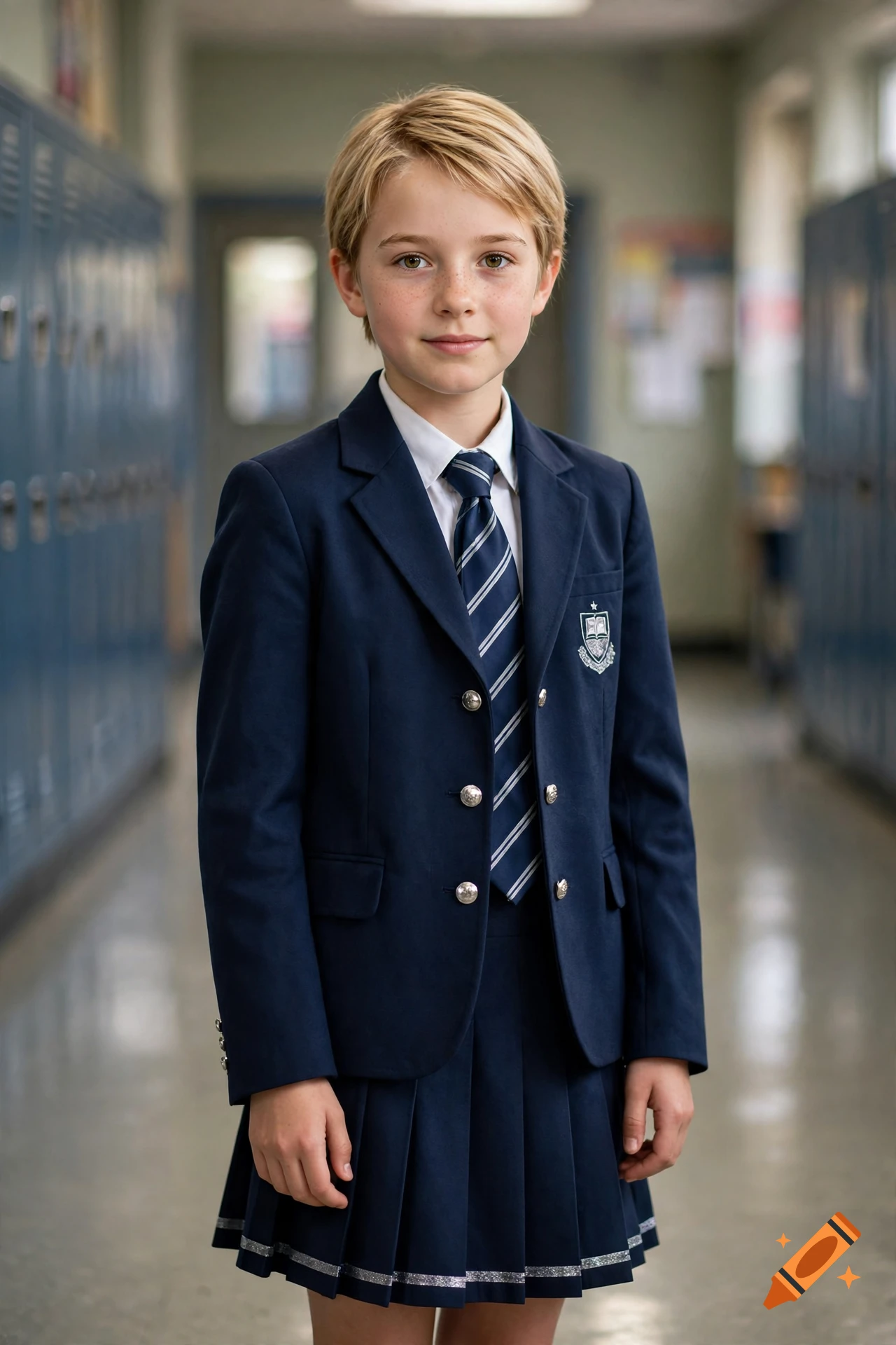Photorealistic portrait of a young student in a navy-blue blazer and tie standing in a school hallway.