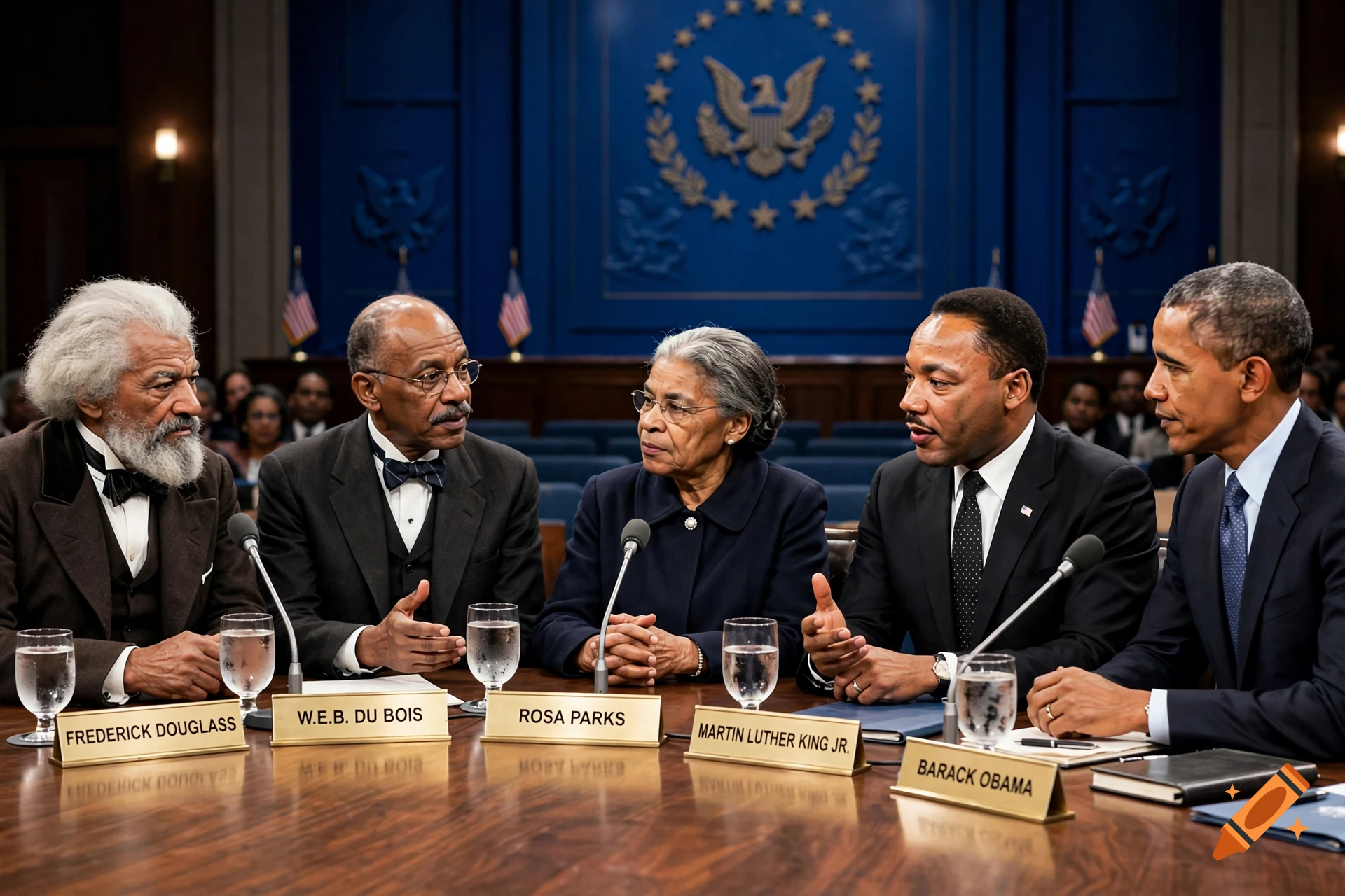 Photorealistic image of historical figures Frederick Douglass, W.E.B. Du Bois, Rosa Parks, Martin Luther King Jr., and Barack Obama seated together at a conference table.