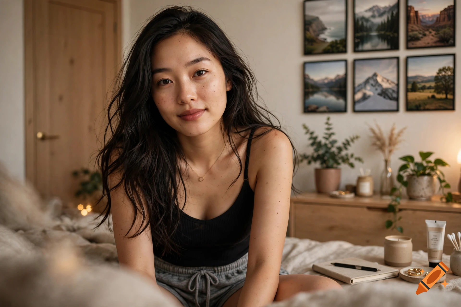 A portrait of a young woman with long dark hair, wearing a black tank top, sitting on a bed in an indoor room setting.