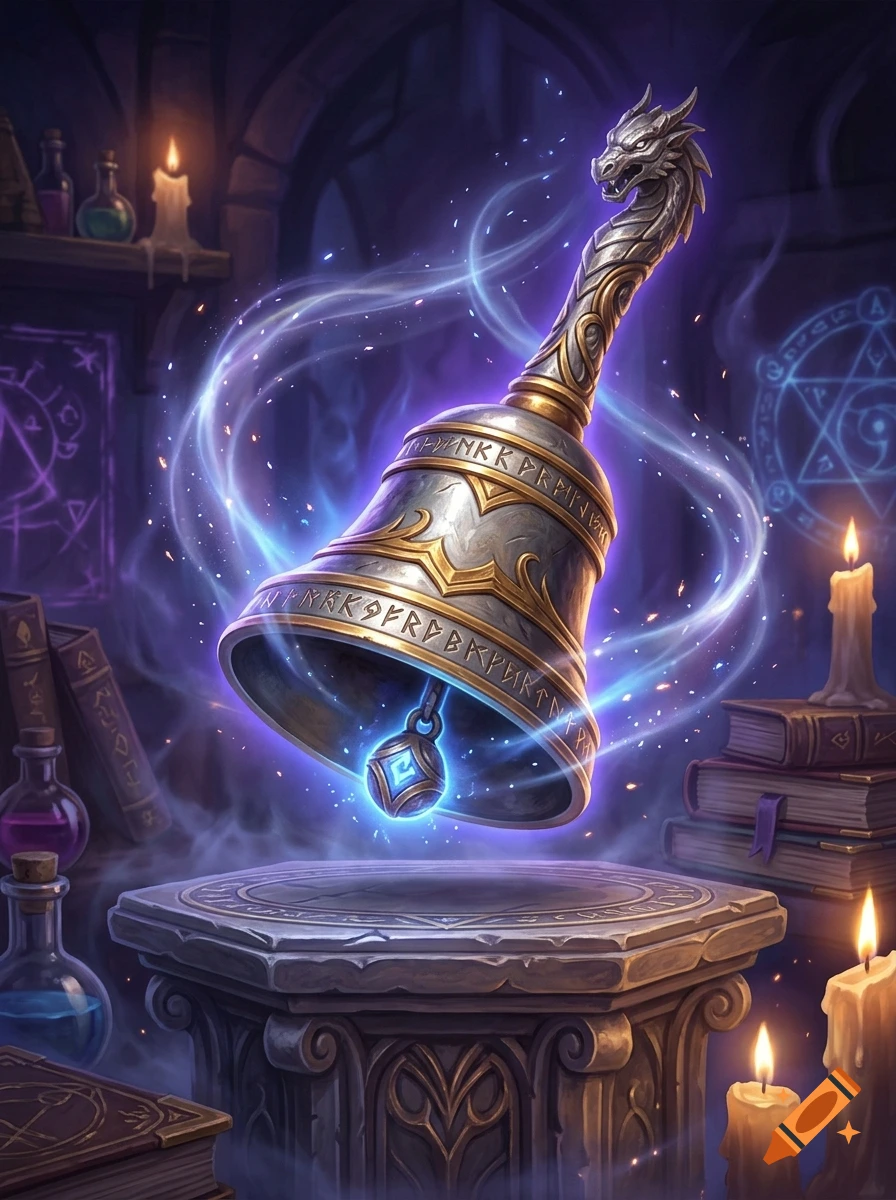 A glowing silver magical handbell with runes floating above a stone pedestal in a wizard's study, digital fantasy art.