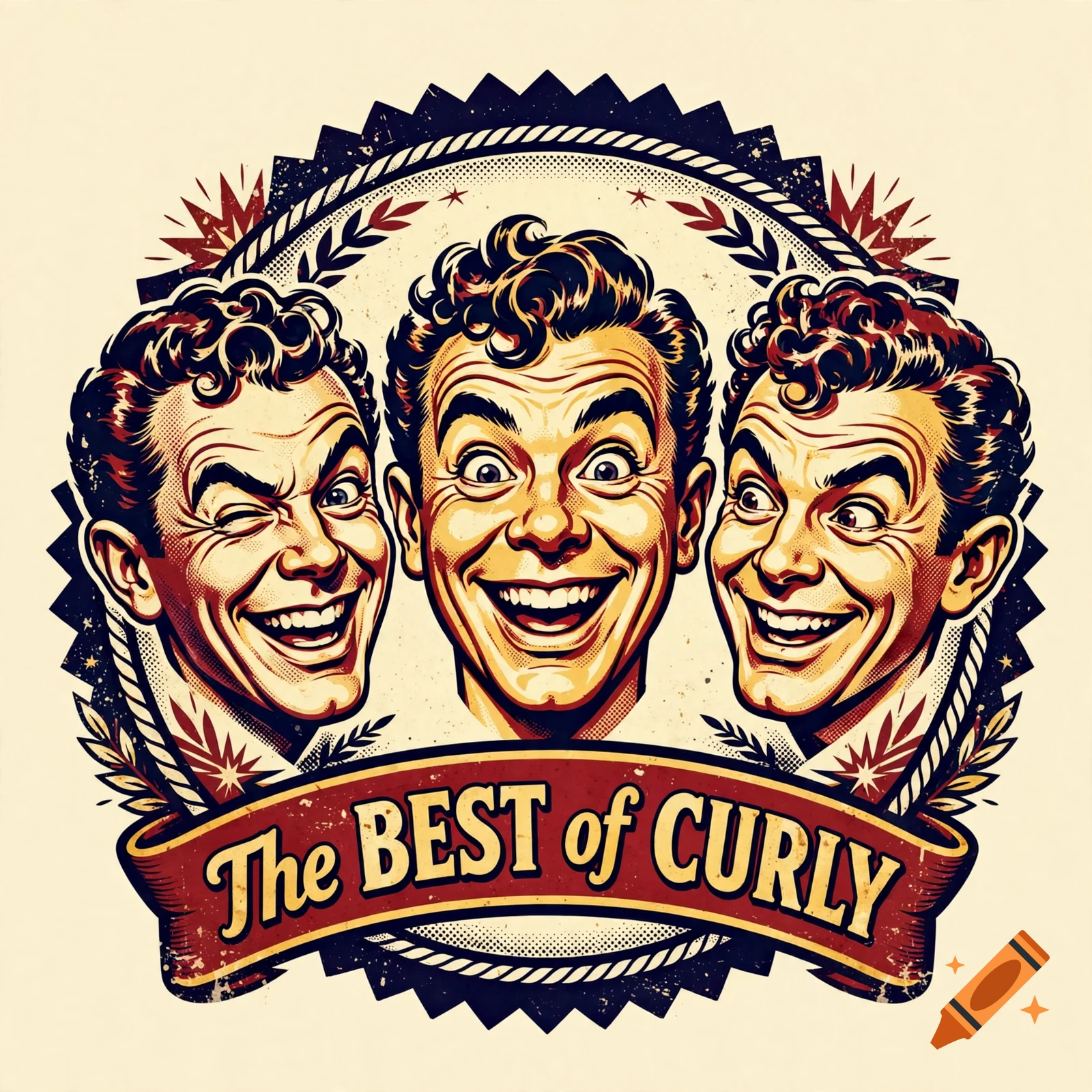 Vintage style logo featuring three caricatures of men smiling and the text The BEST of CURLY on a red banner.