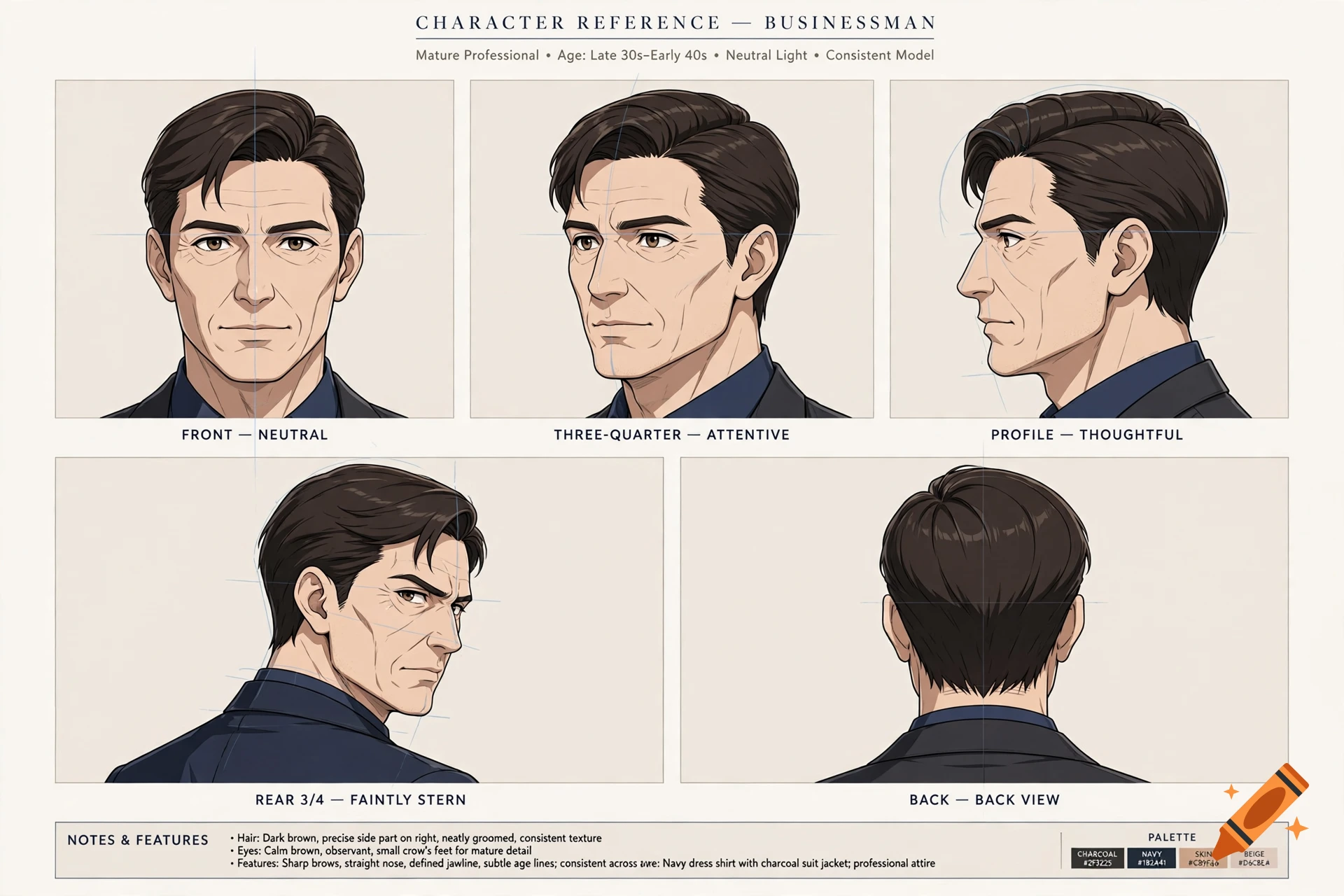 Anime style character reference sheet of a businessman's head from front, three-quarter, and profile views.