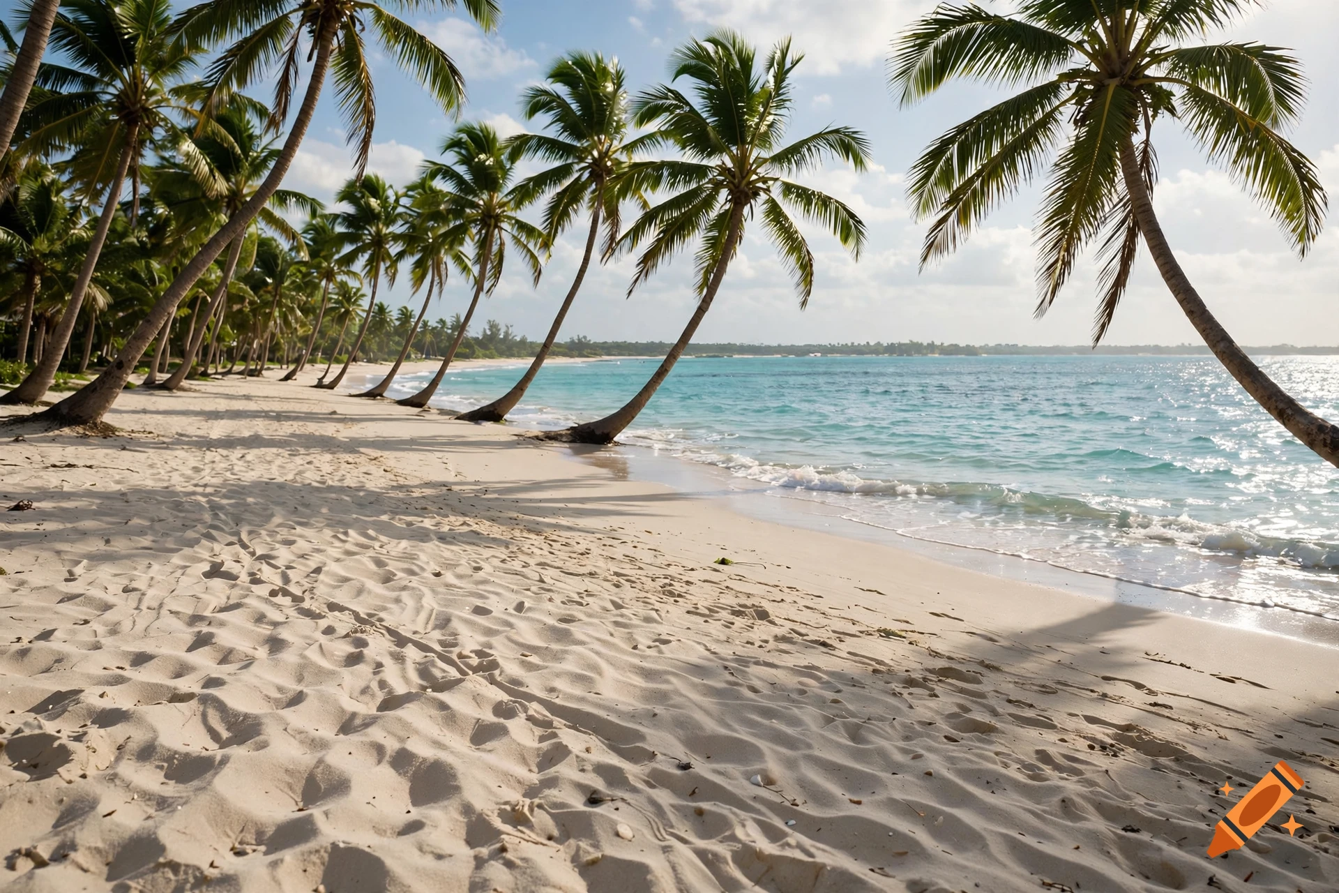 A pristine white-sand beach with a line of leaning palm trees curving toward calm turquoise ocean water under a partly cloudy sky.