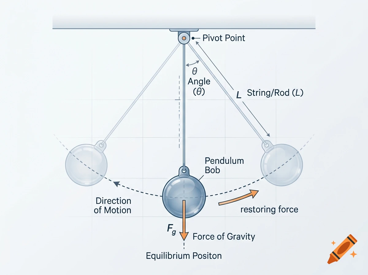 Educational diagram of a pendulum showing angle, length, bob, and forces acting on it.