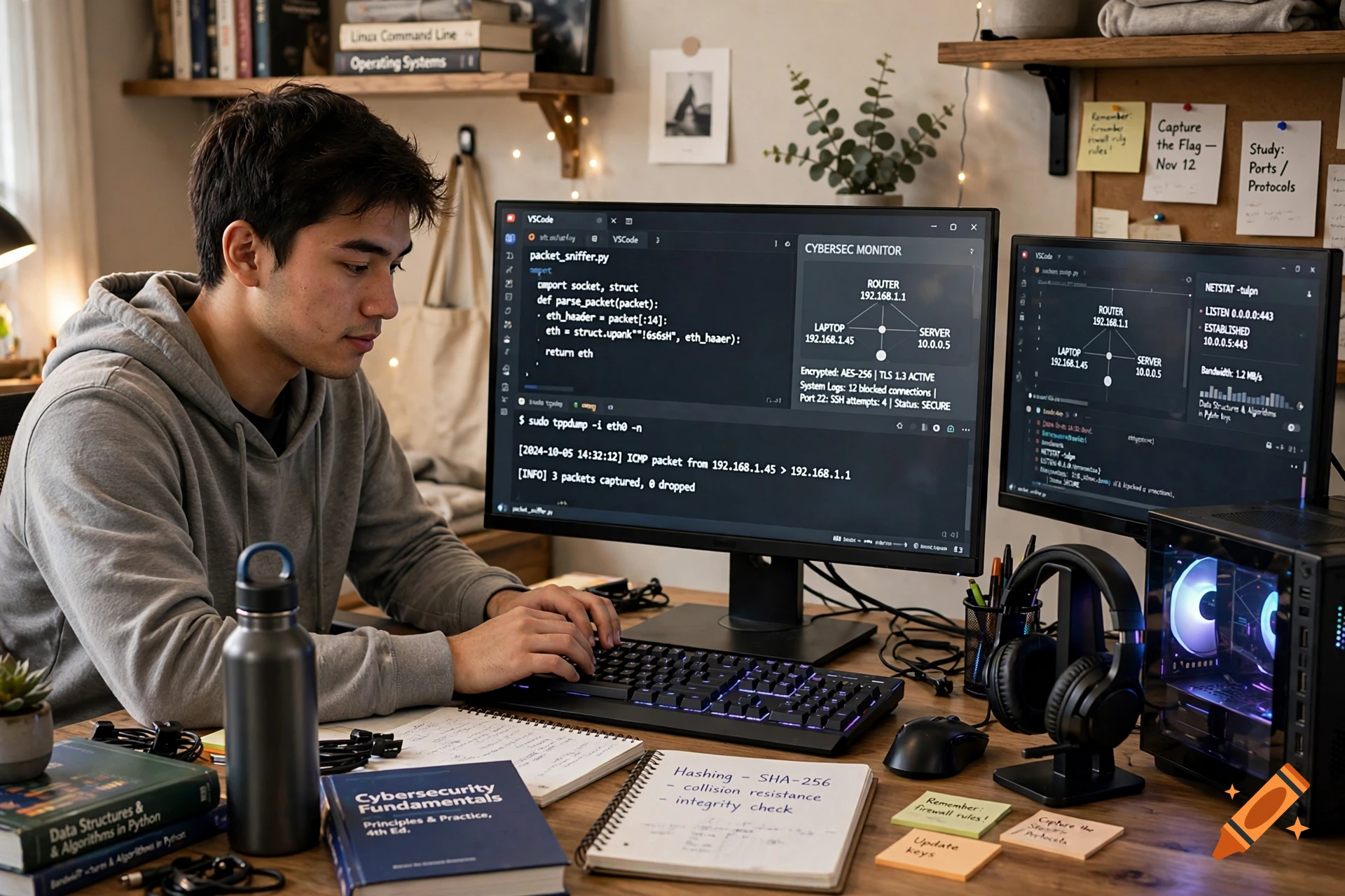 A college student typing code on a dual-monitor setup in a cozy, tech-themed room, photorealistic.