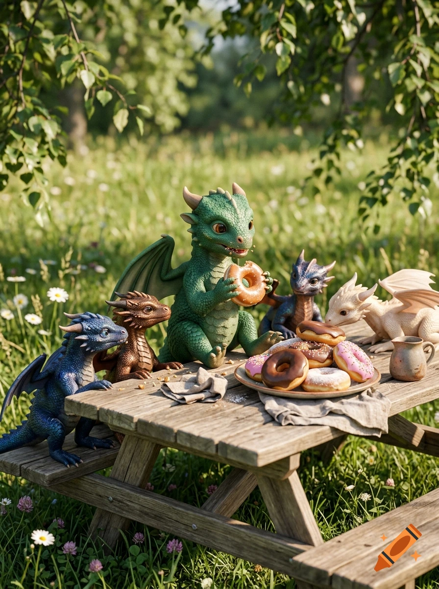 Cute baby dragons having a picnic with donuts on a wooden table in a sunny forest, photorealistic style.