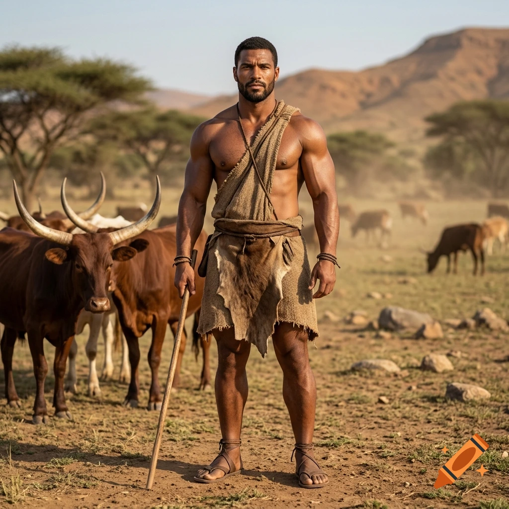 Photorealistic portrait of a muscular man standing in a dry savanna with cattle in the background.