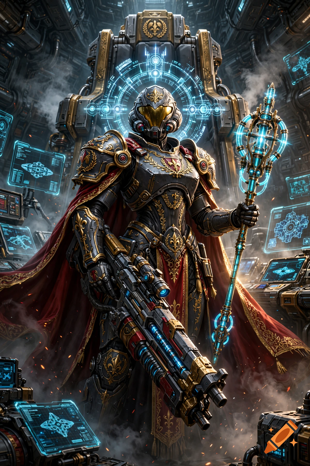 An armored futuristic soldier in ornate black and gold power armor with a red cape holding a glowing staff and rifle inside a spaceship.