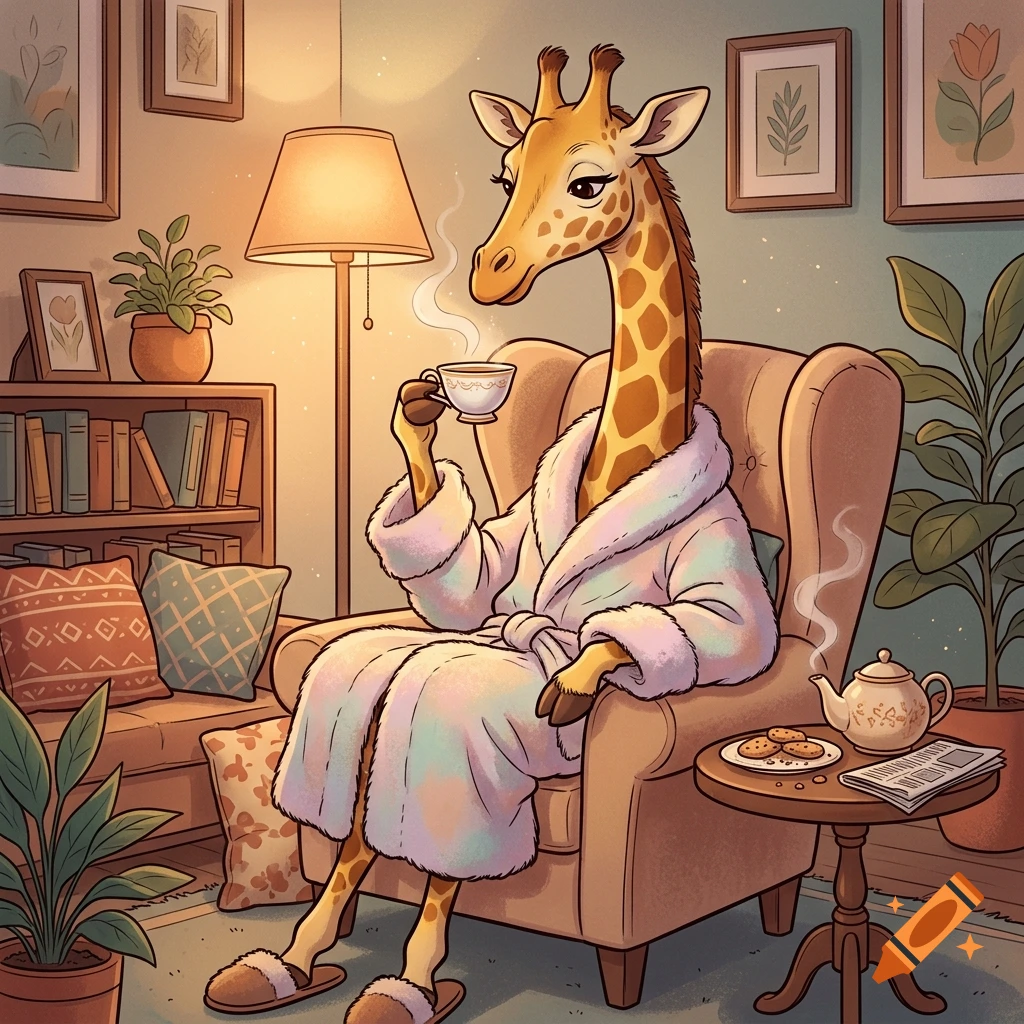 Comic style illustration of a giraffe sitting in an armchair wearing a bathrobe, drinking tea in a cozy living room.