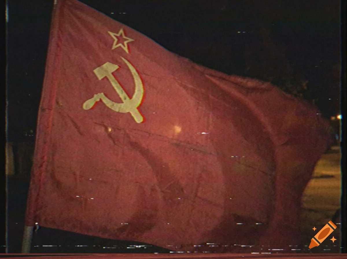A close-up shot of a red Soviet flag with a hammer and sickle emblem at night, styled with vintage VHS glitch effects.