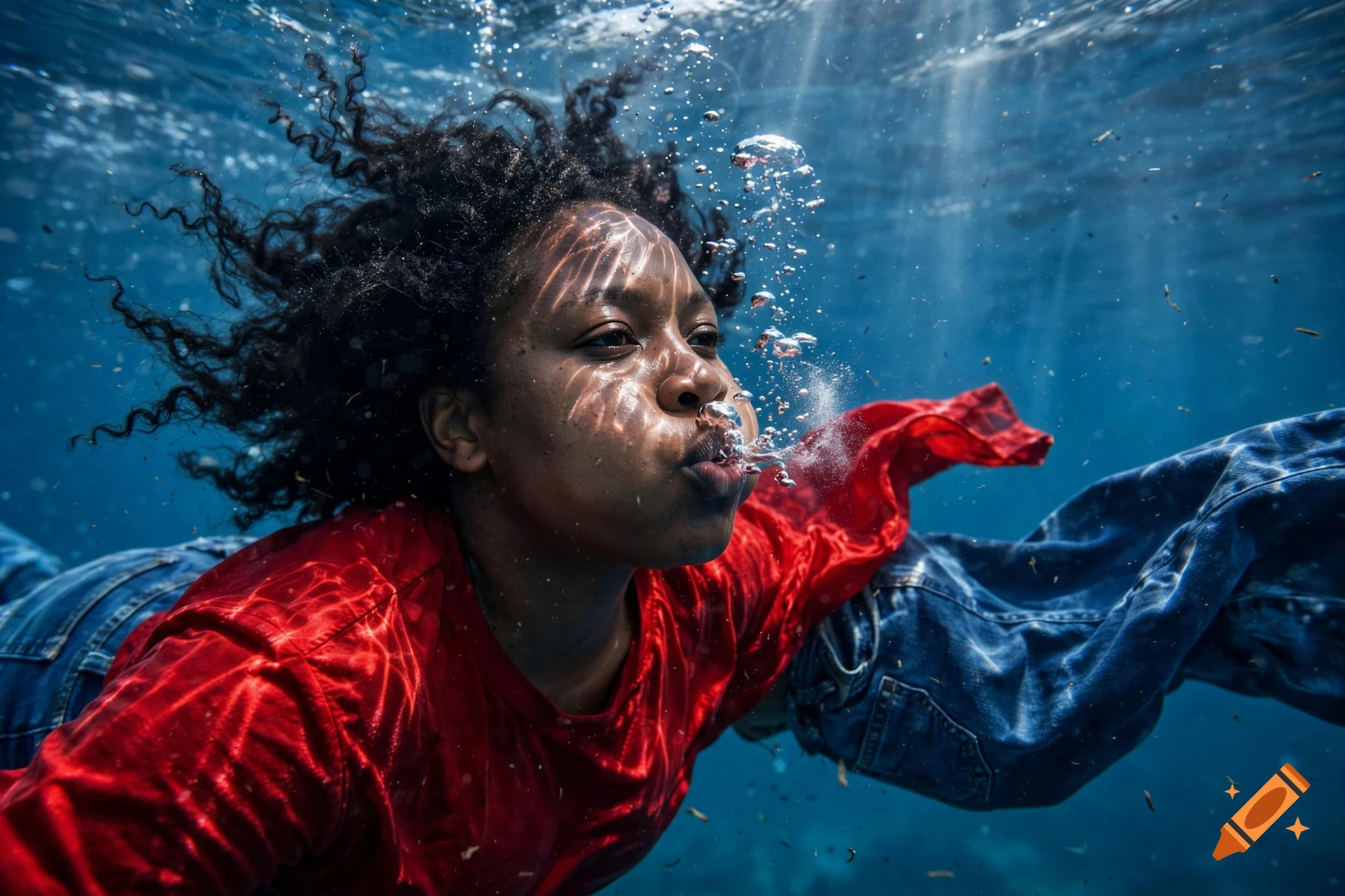 Photorealistic underwater shot of a black woman with curly hair wearing a red shirt and blue jeans, blowing bubbles.