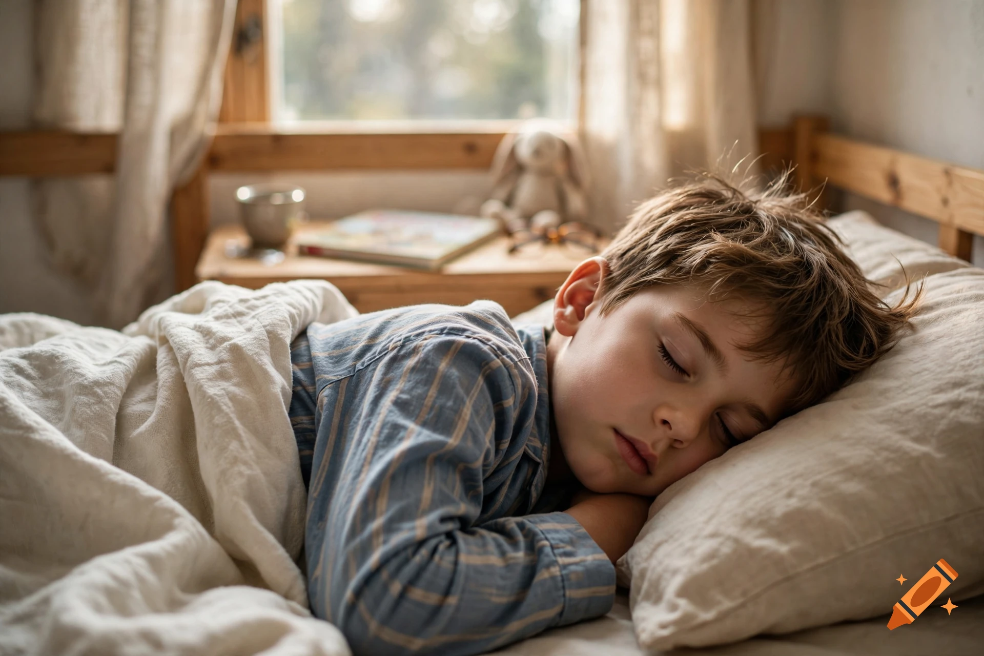 A young boy sleeping soundly in a wooden bed with patterned pajamas and a soft pillow, in a cozy bedroom with sunlight coming through the window.
