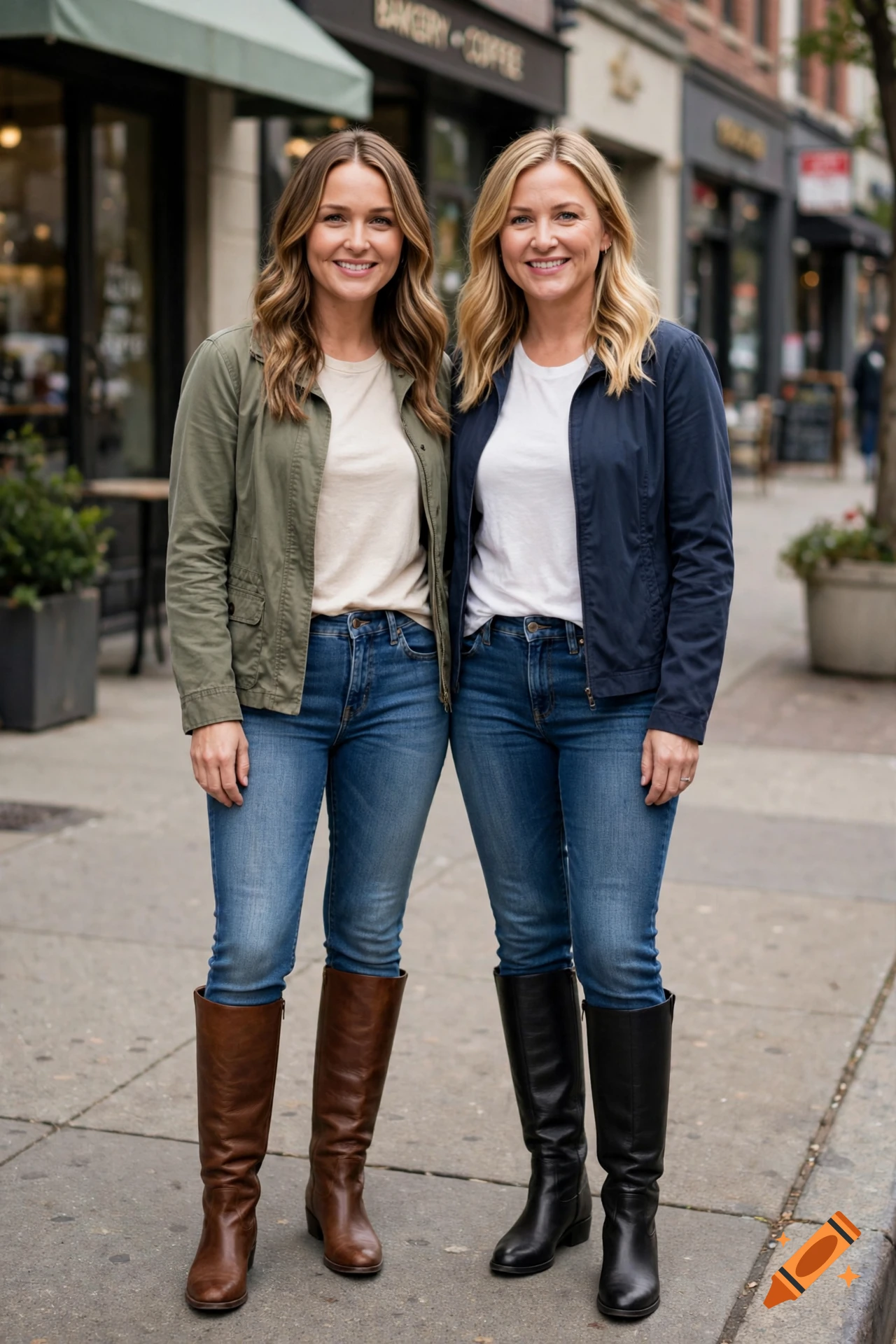 Photorealistic full-body shot of two women standing on a city sidewalk wearing casual jackets, jeans, and knee-high boots.
