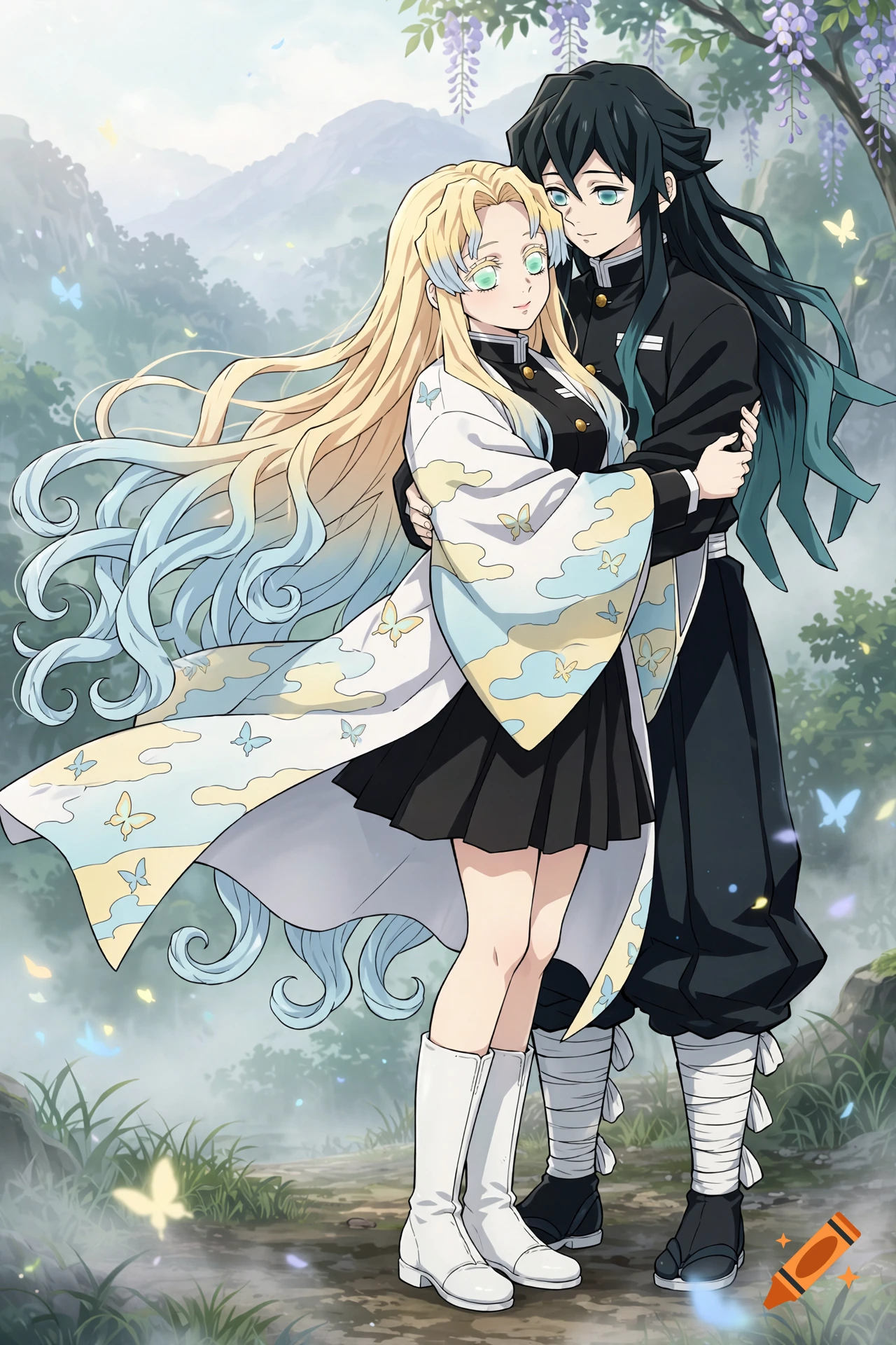 An anime illustration of a man with long dark hair and a woman with long blonde and blue-tinted hair embracing outdoors in a forest.