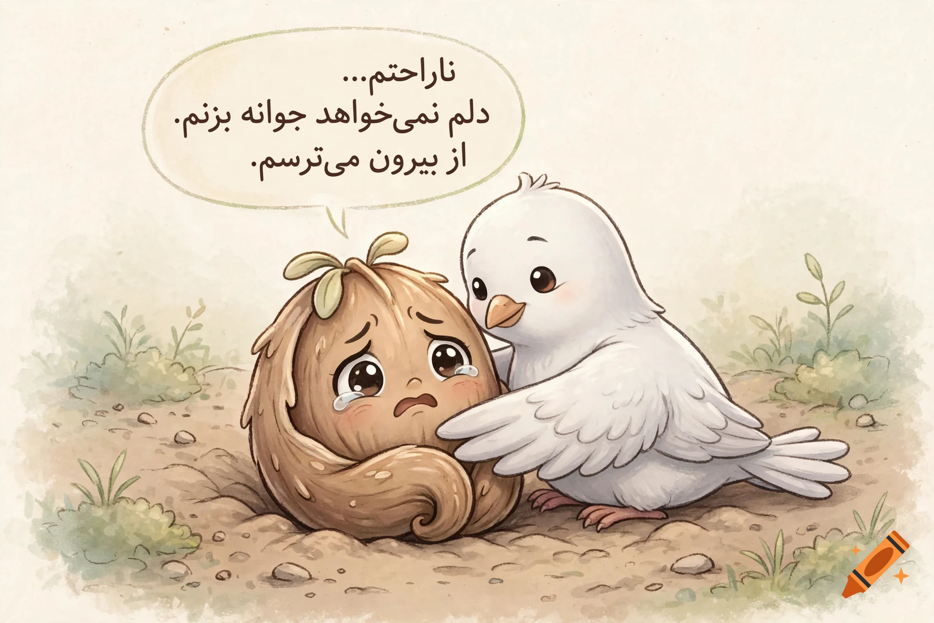 An illustrated watercolor-style scene depicting a sad, anthropomorphic sprouting seed character being comforted by a white bird with a speech bubble containing Persian text.