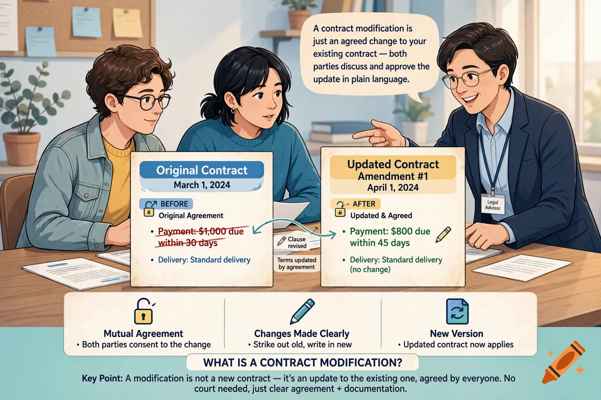 Illustrated scene of three people discussing a contract modification with side-by-side comparison documents and explanatory speech bubbles.