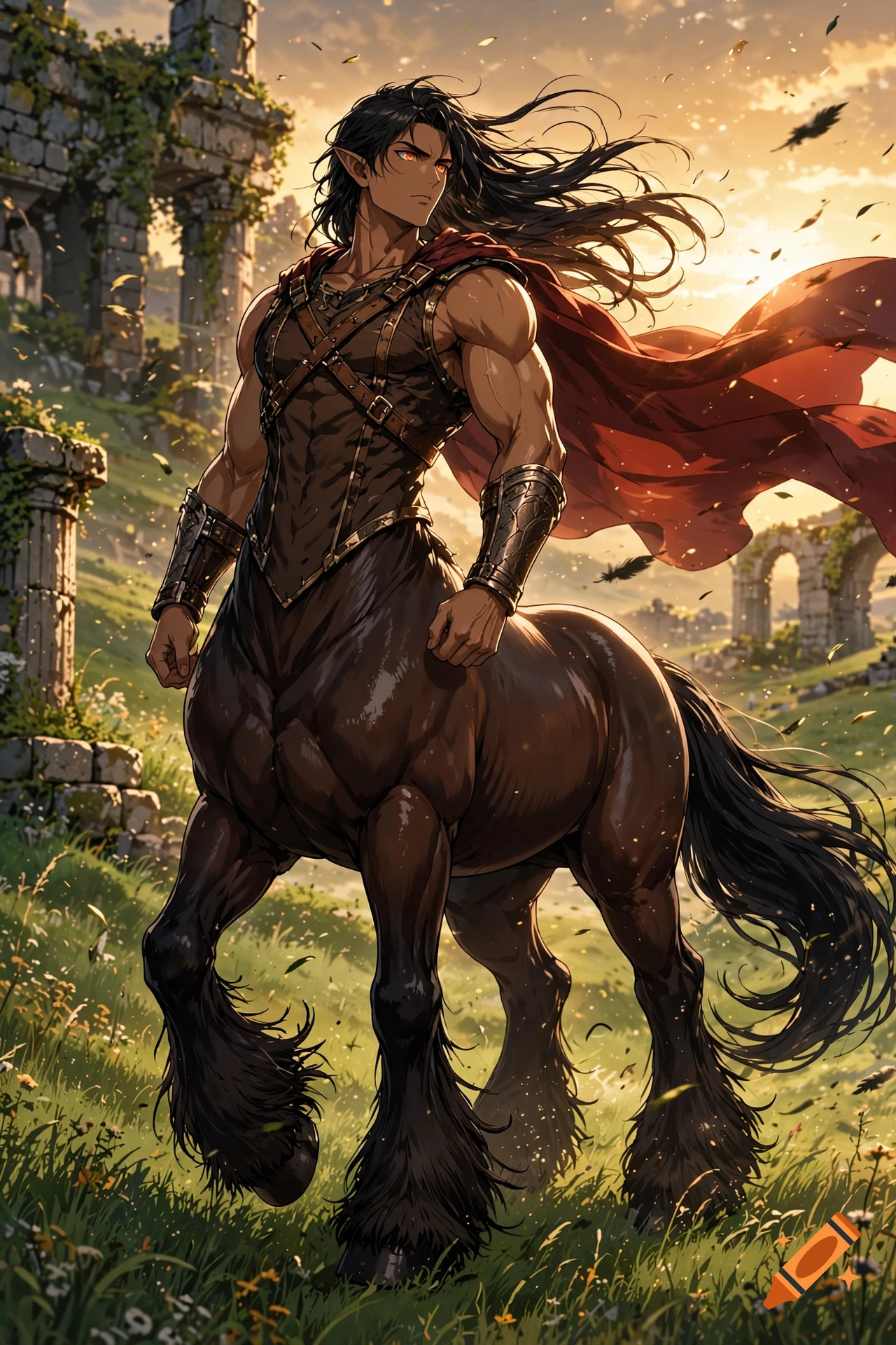 Anime style illustration of a muscular male centaur with a shire horse lower body, long dark hair, and red cape in a ruined landscape.