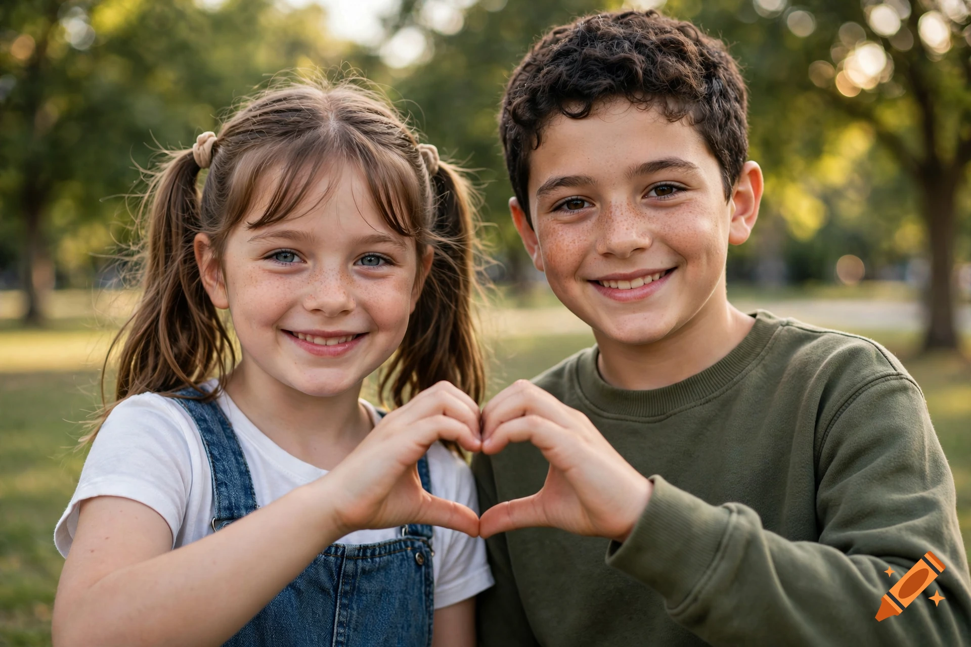 Photorealistic portrait of a smiling boy and girl in a park making a heart shape with their hands.