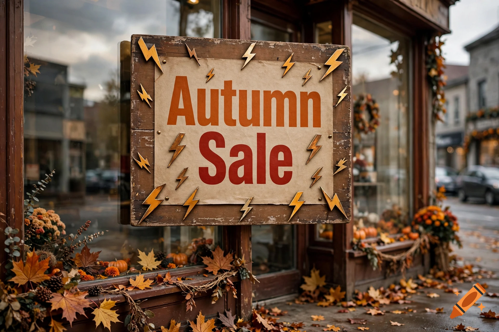 A wooden sign reading 'Autumn Sale' surrounded by lightning bolt decorations hanging outside a shop decorated with autumn leaves and pumpkins, photorealistic.