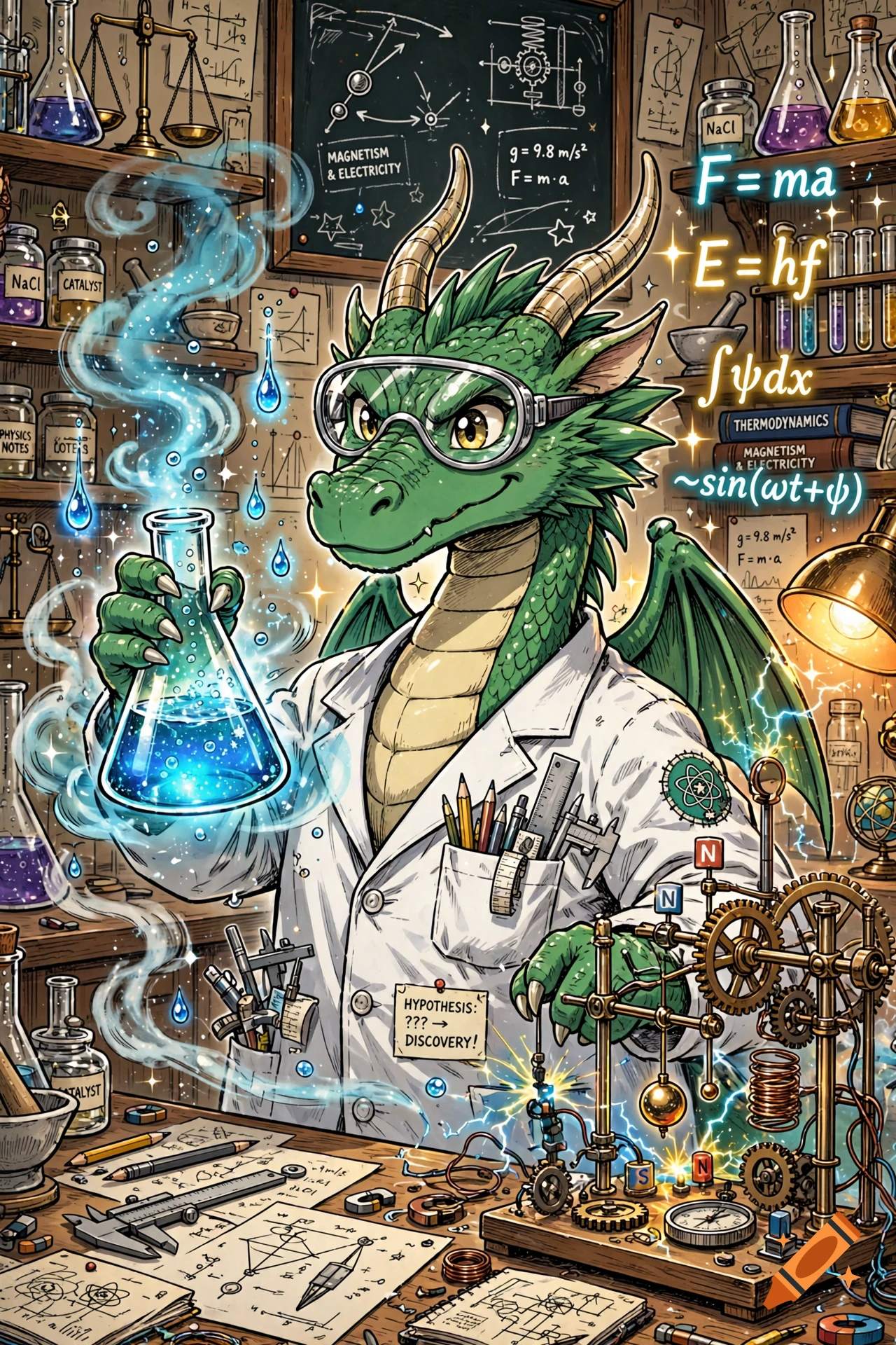 Manga-style green dragon scientist wearing a lab coat and safety goggles, holding a glowing flask in a laboratory filled with scientific formulas and equipment.