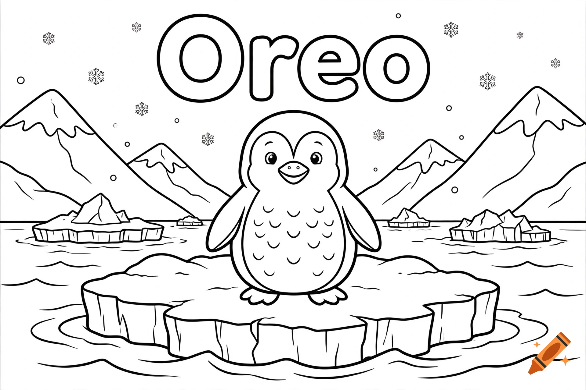 Coloring book page featuring a cute penguin on an ice floe with mountains and snowflake details, and the word Oreo at the top.